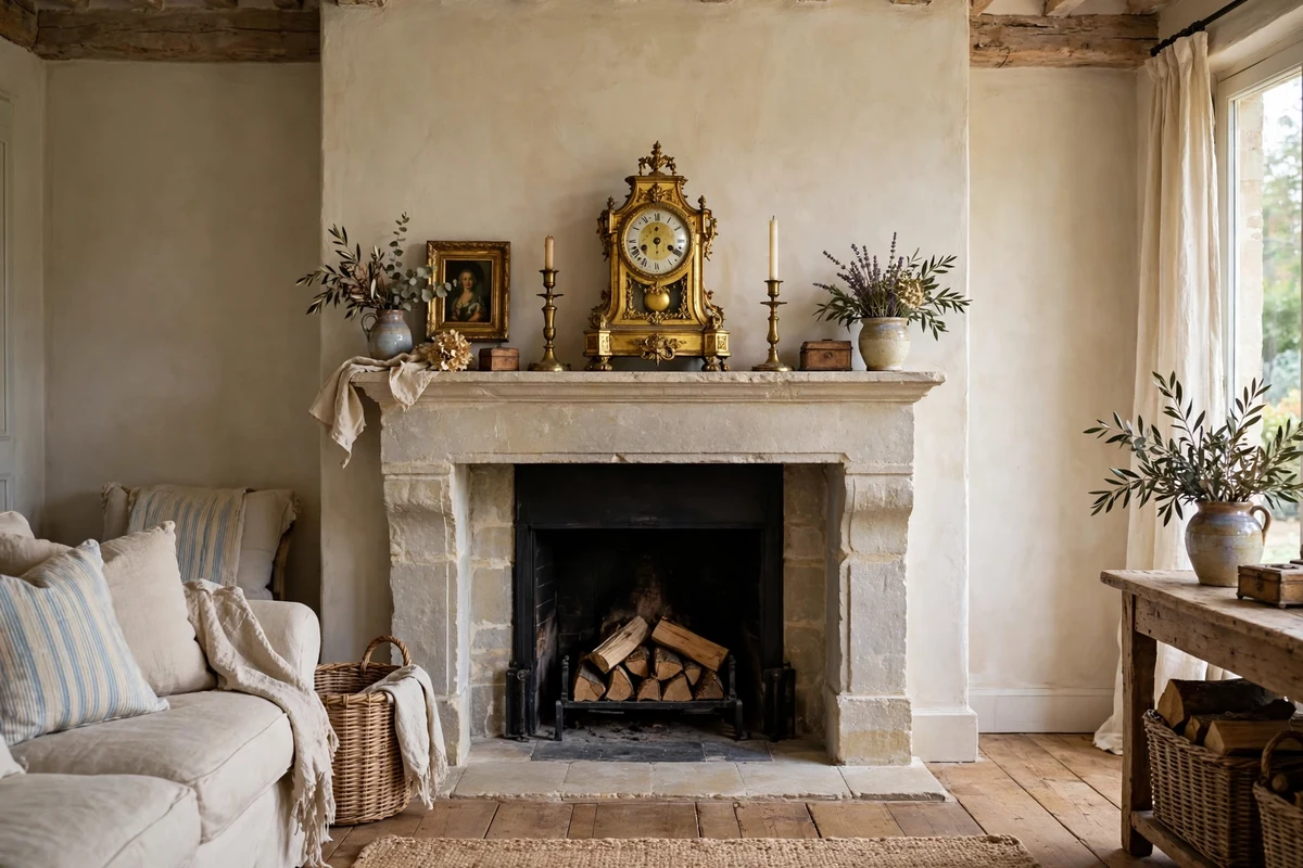 Antique French gilt clock on a limestone fireplace mantel