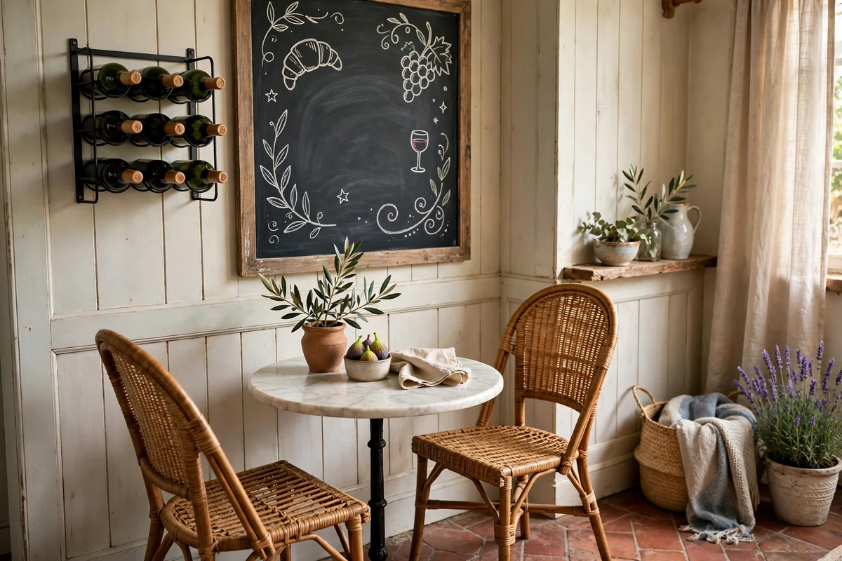 Parisian bistro style corner with marble cafe table in a French living room