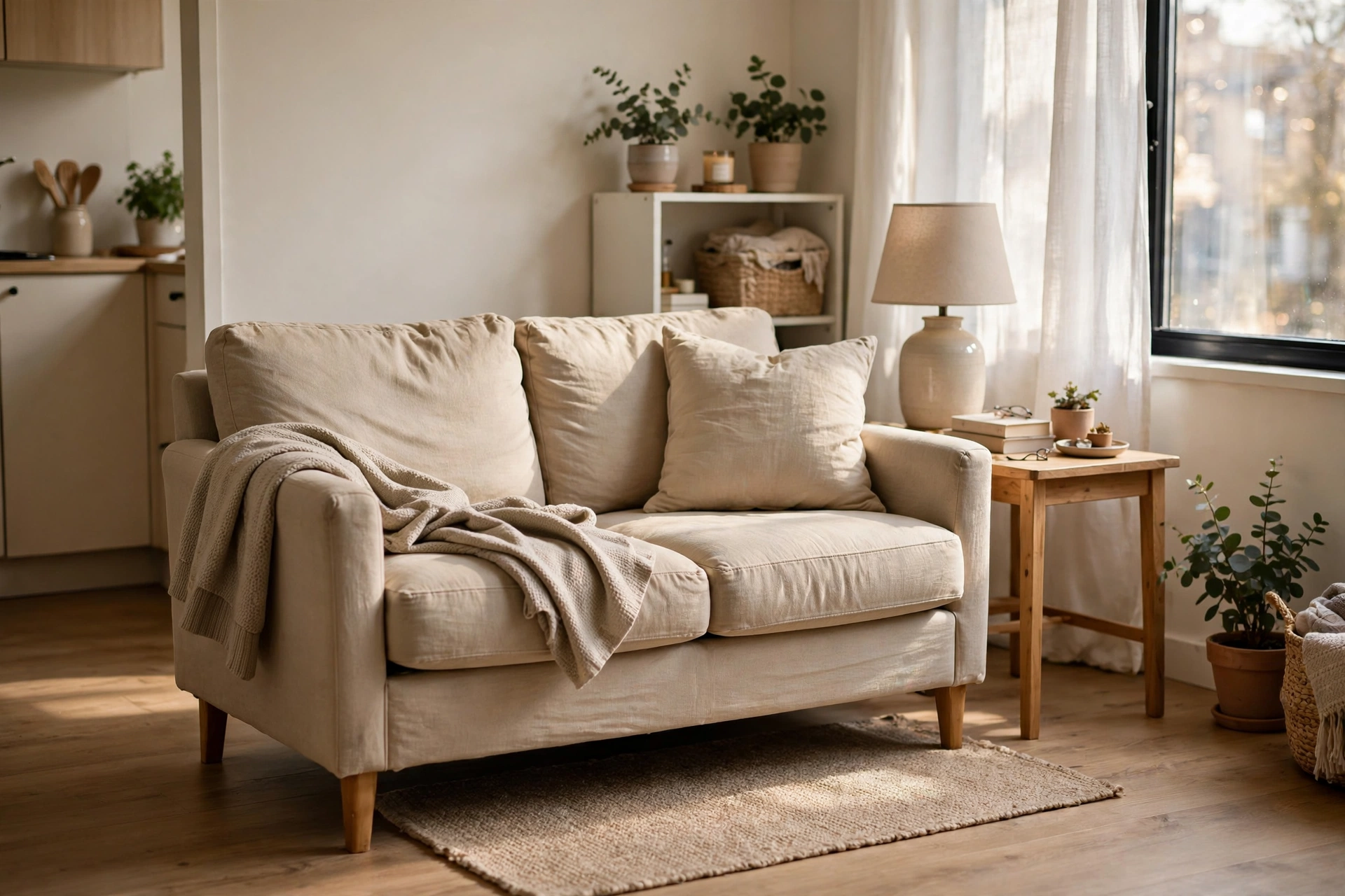 Compact loveseat with visible legs in a small studio apartment living zone