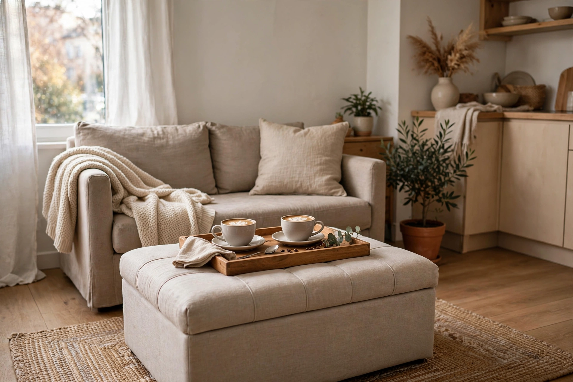 Storage ottoman used as coffee table with tray on top in a studio living area