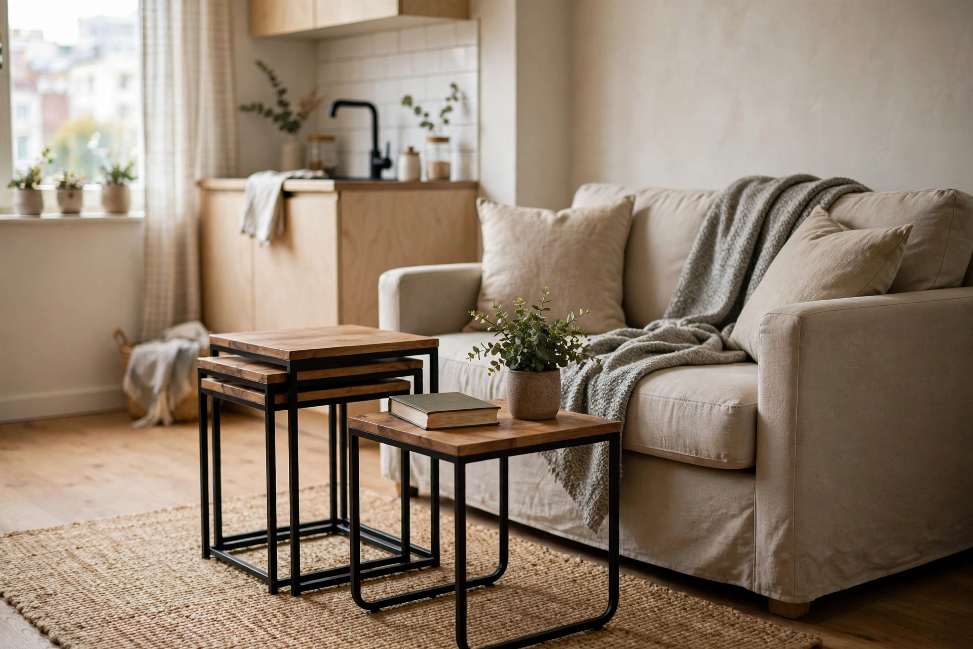 Nesting side tables tucked together beside a loveseat in a small studio