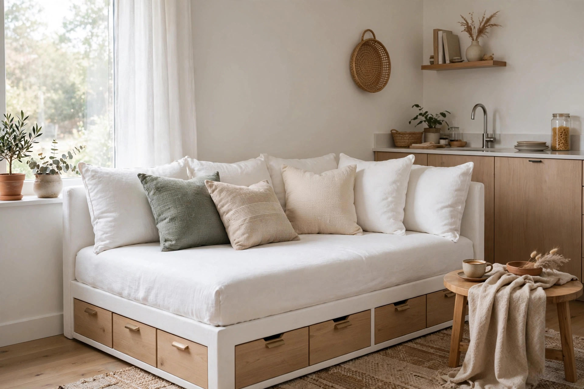 Daybed styled as a sofa with pillows in a studio apartment living space