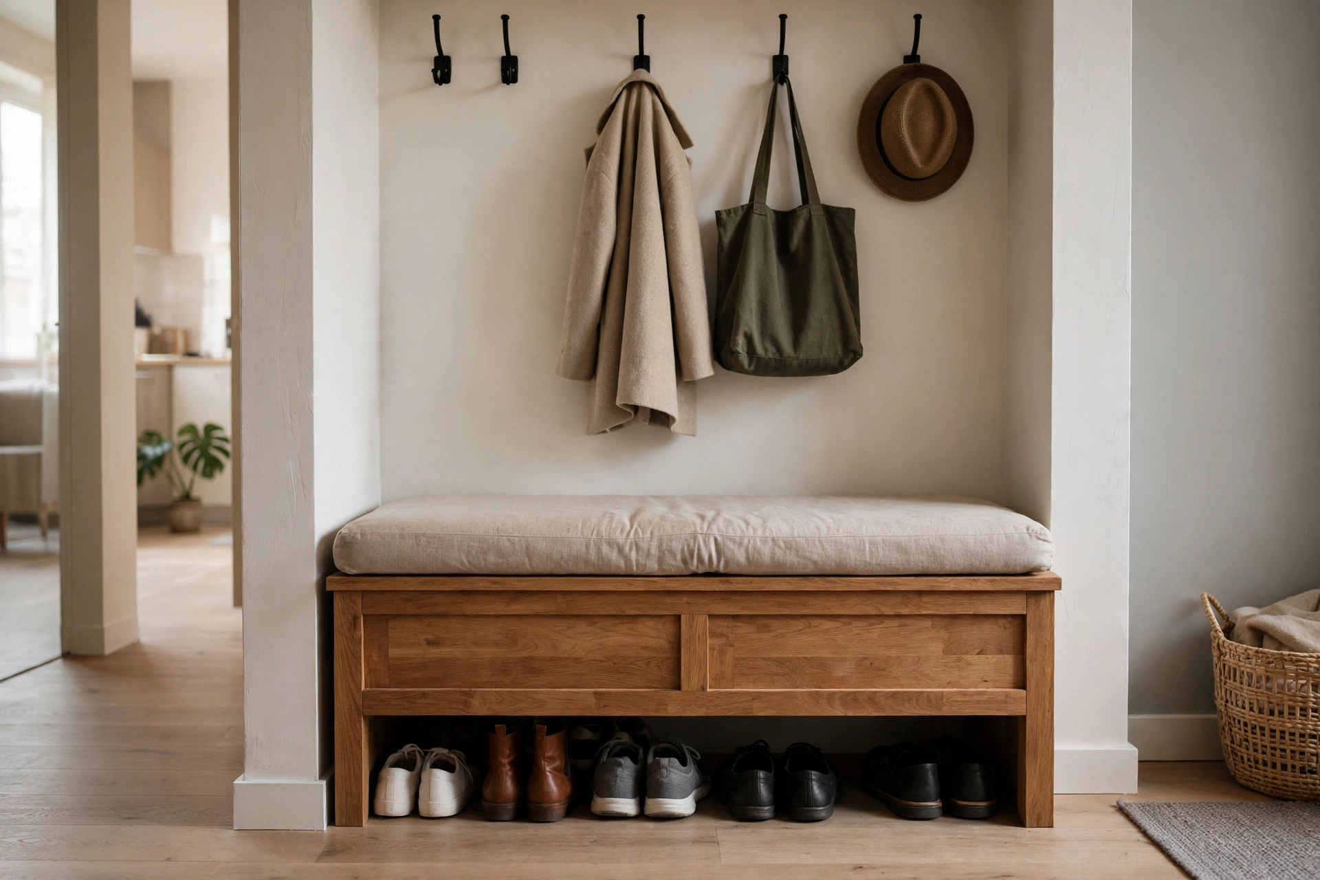 Storage bench with cushioned top in a studio apartment entryway holding shoes inside