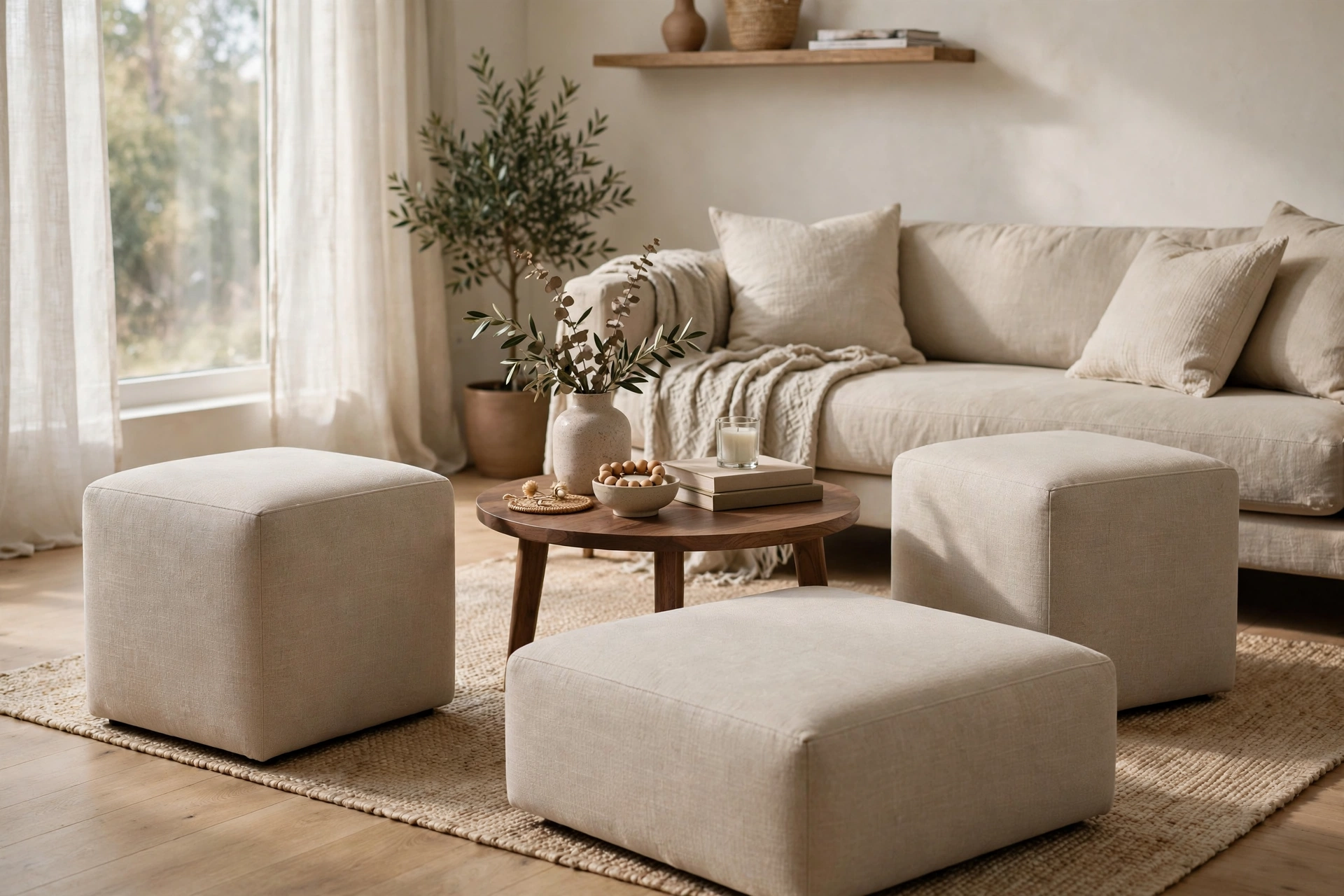 Three cube ottomans arranged as flexible seating in a small studio living room