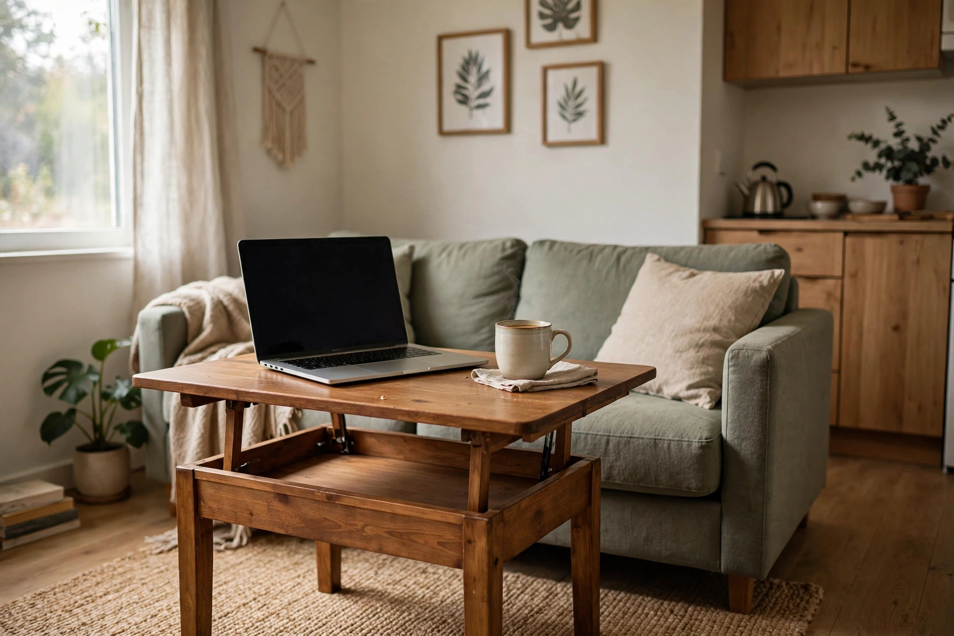 Lift-top coffee table raised to dining height with laptop in a studio apartment