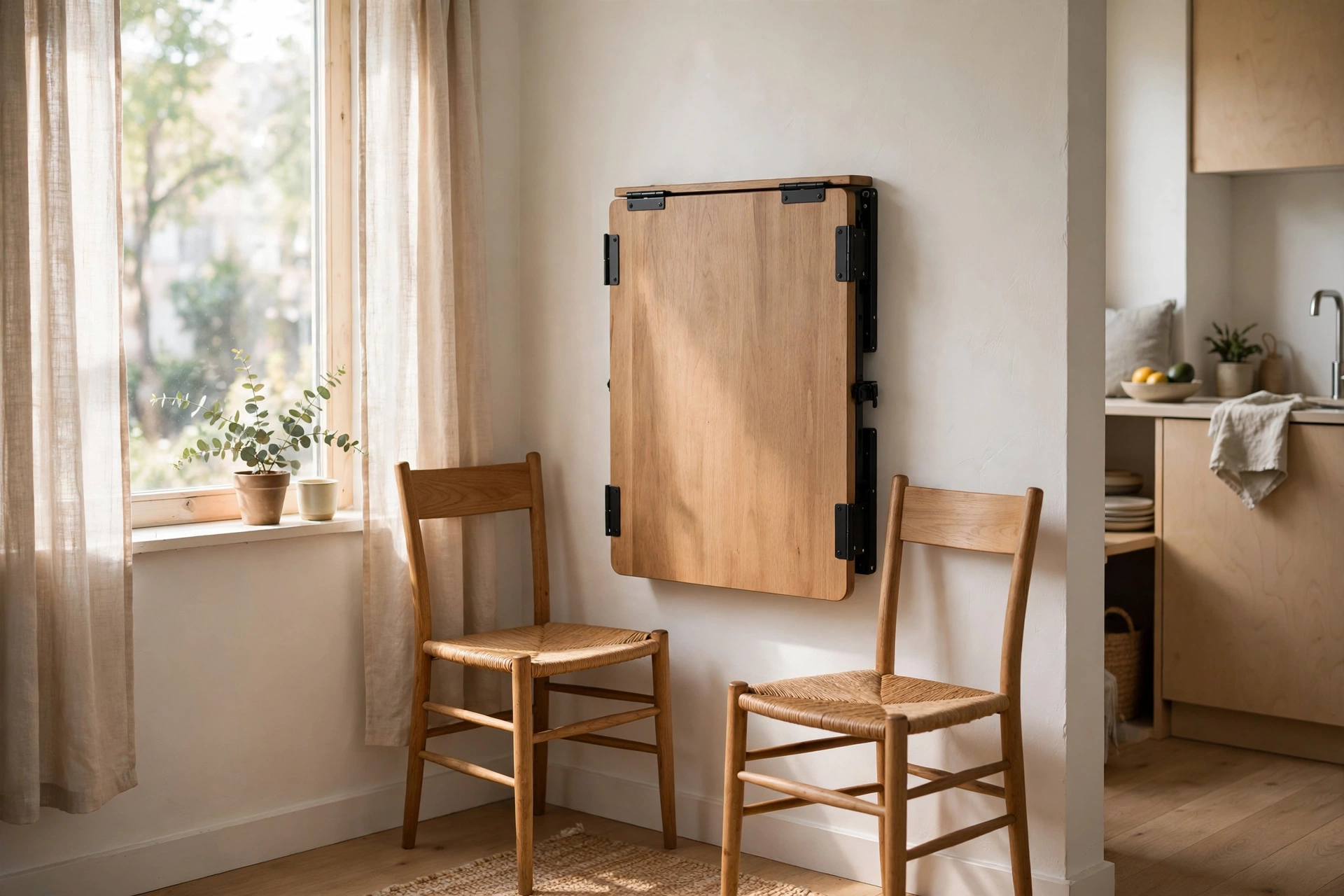 Wall-mounted drop-leaf table folded up in a studio apartment dining nook