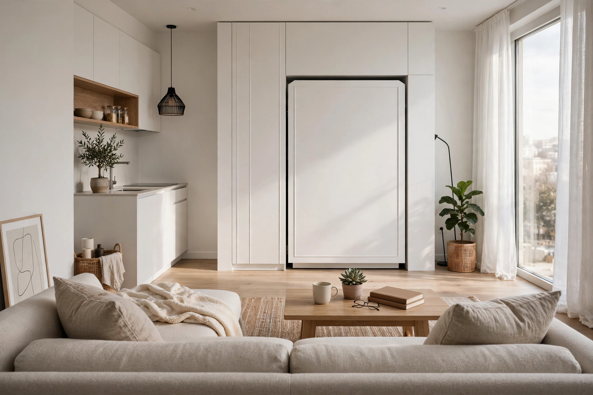 Murphy bed folded into a wall cabinet in a studio apartment during daytime