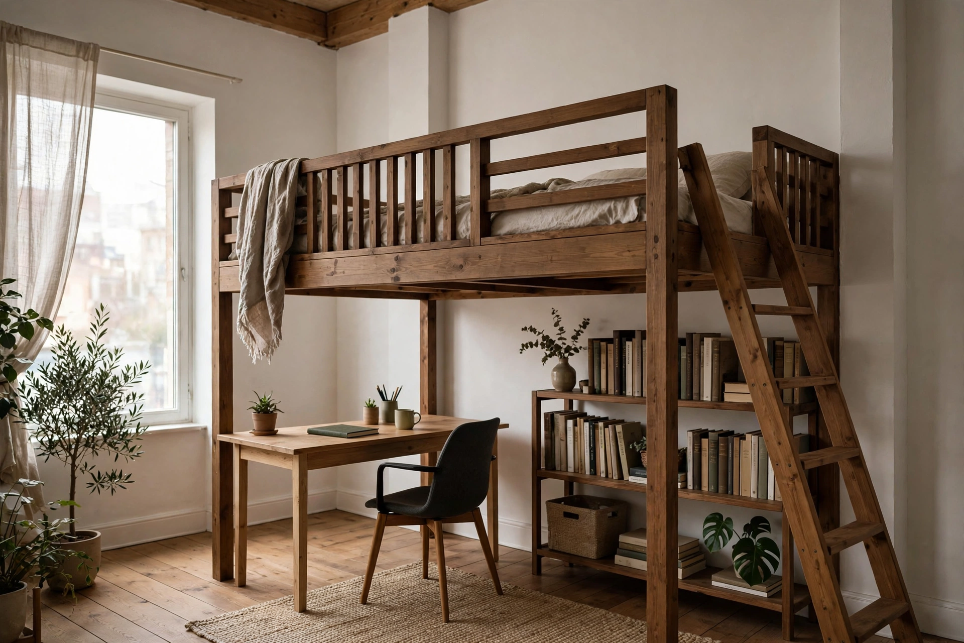 Loft bed with desk and storage underneath maximizing vertical space in a studio