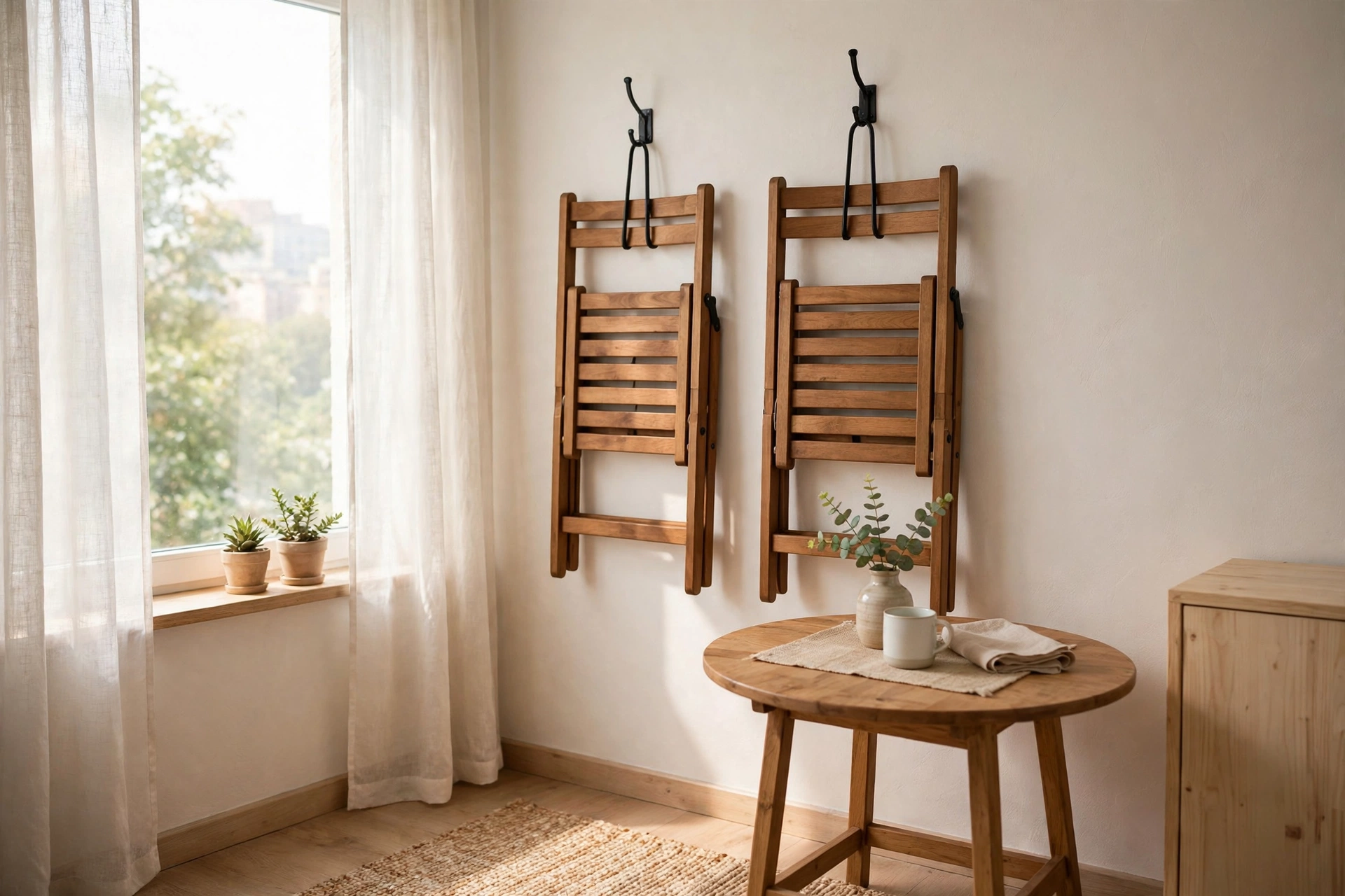 Wooden folding dining chairs hung on wall hooks in a small studio dining nook