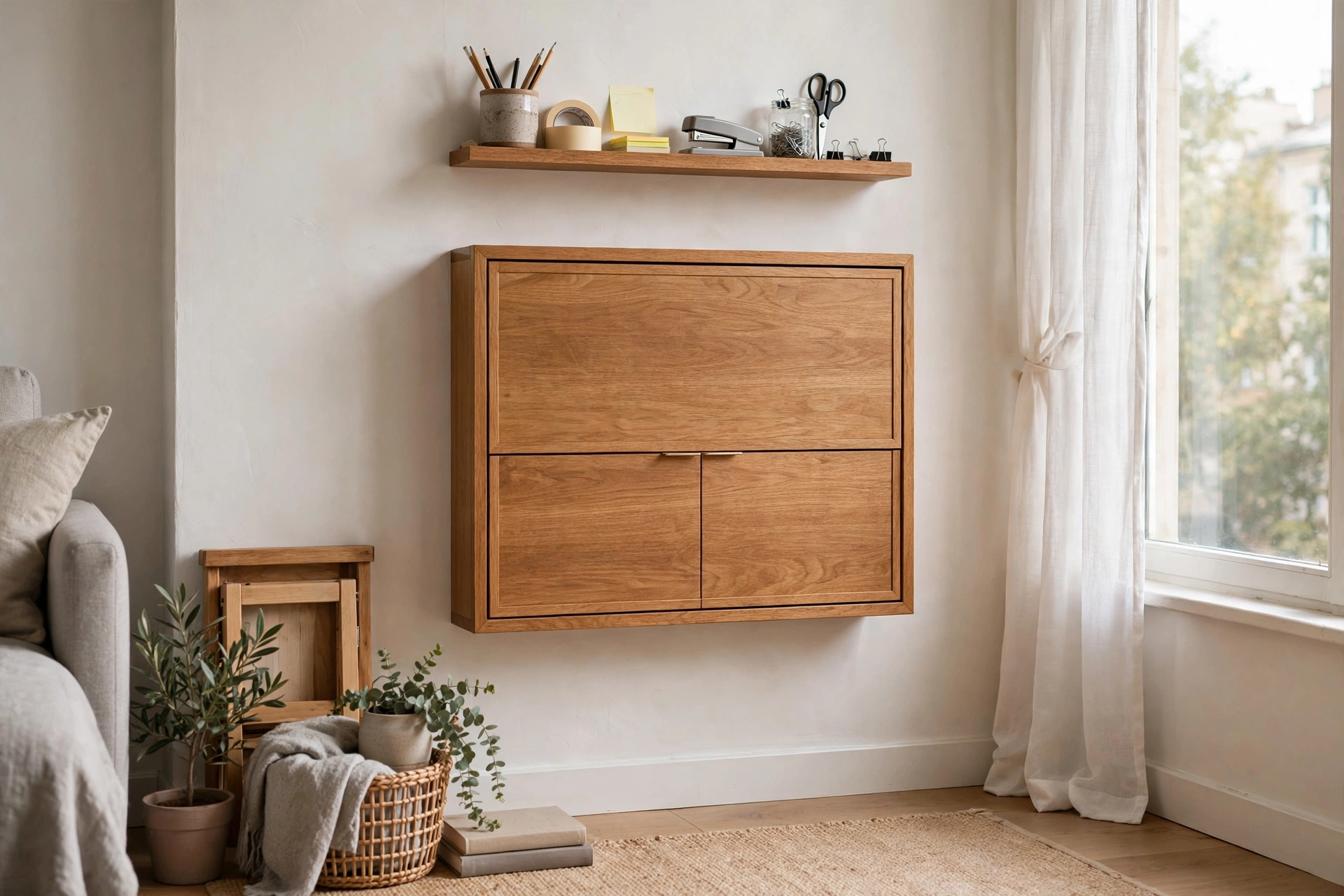 Fold-down wall desk closed into a slim cabinet in a studio apartment
