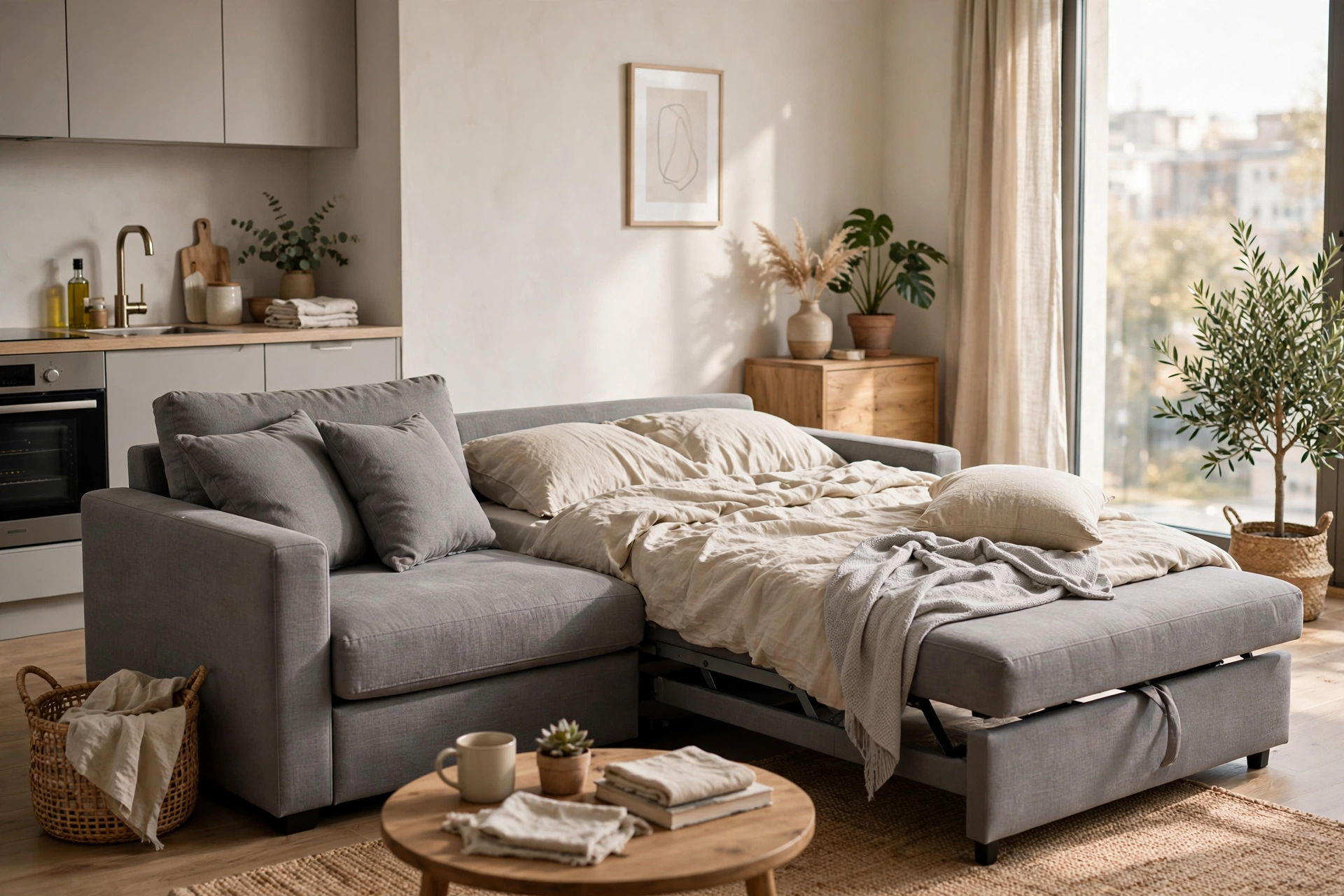 Convertible sleeper sofa partially unfolded into a bed in a studio living area