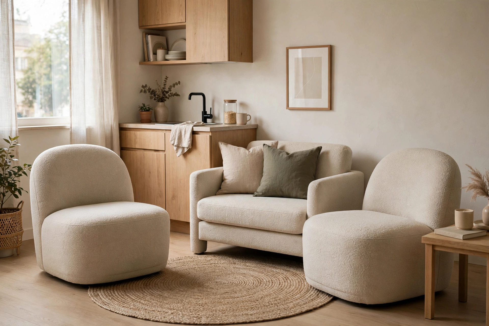 Two armless accent chairs flanking a loveseat in a compact studio living zone