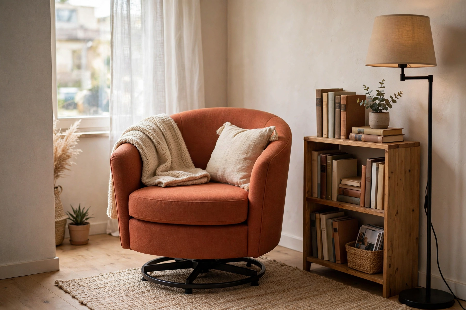 Compact swivel barrel chair in a reading corner of a small studio apartment