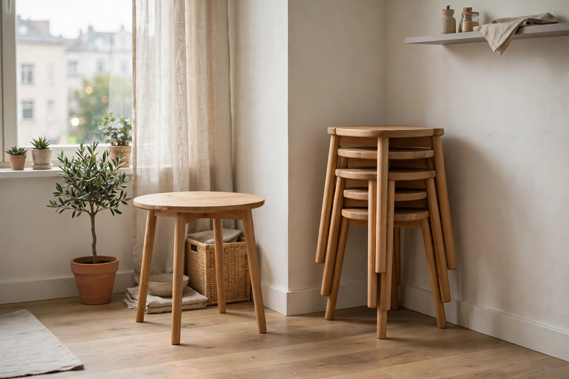 Stackable stools nested in a corner of a studio apartment dining area