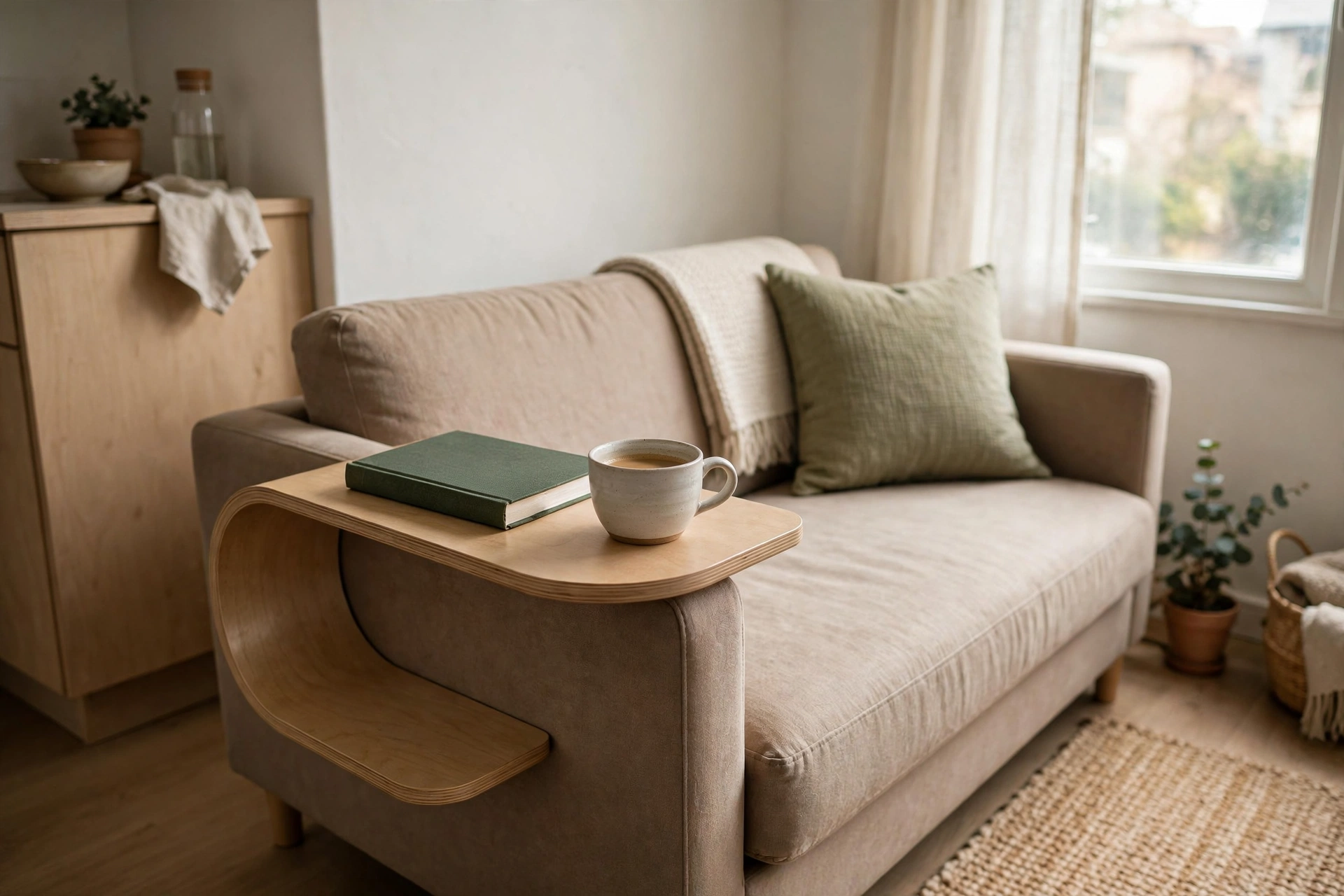 C-shaped side table slid over a sofa arm holding coffee in a studio
