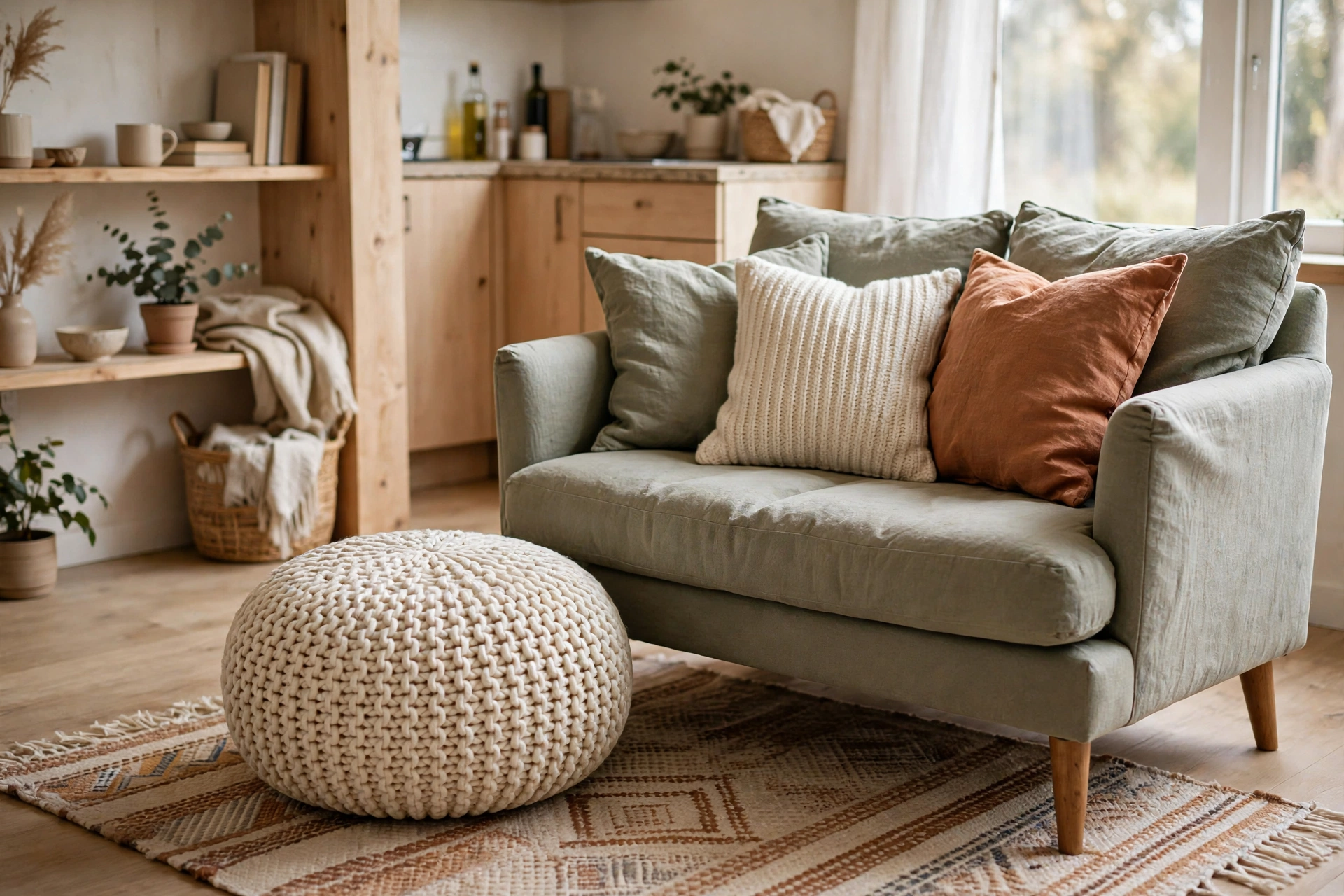 Round floor pouf used as extra seating beside a loveseat in a studio