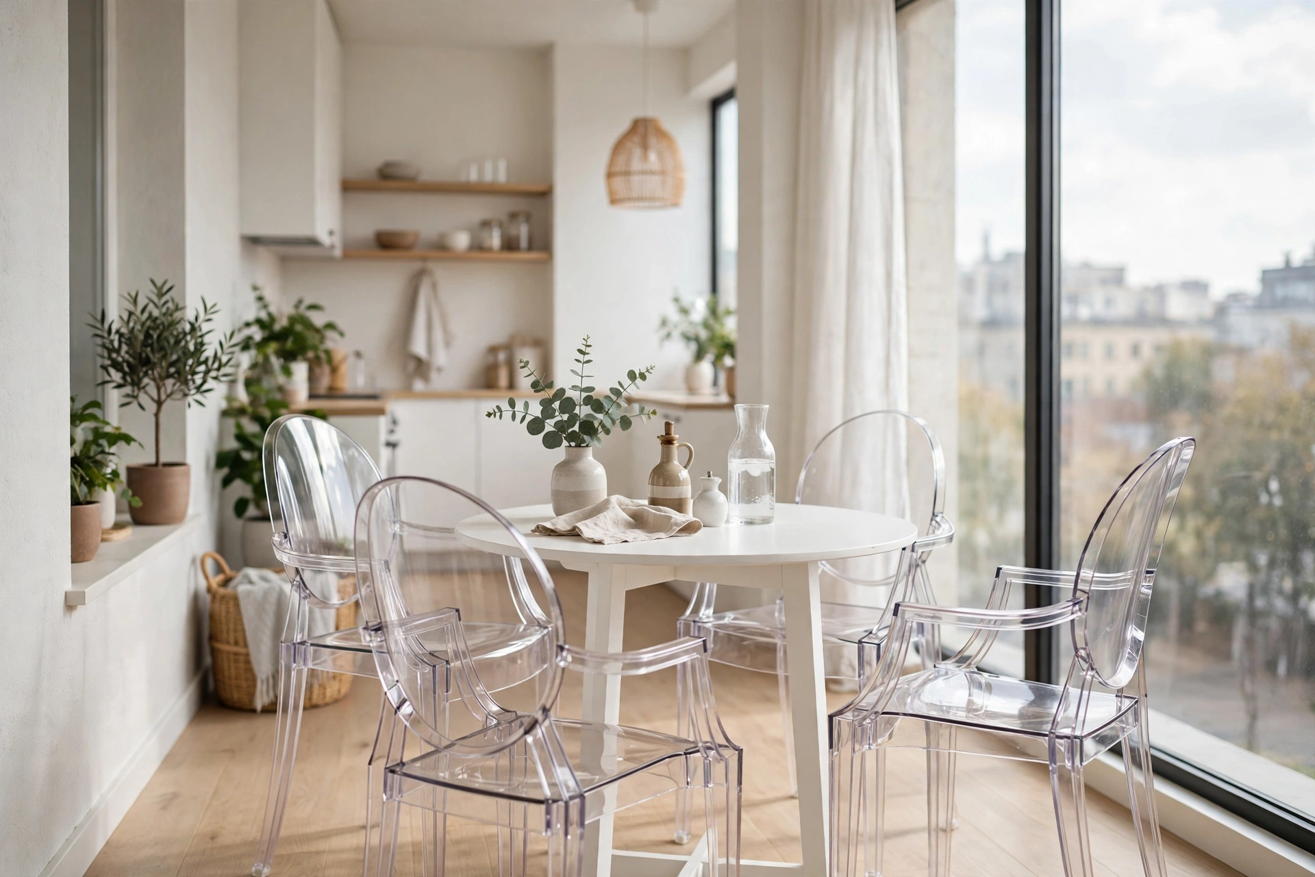 Clear acrylic chairs around a small dining table in a bright studio nook