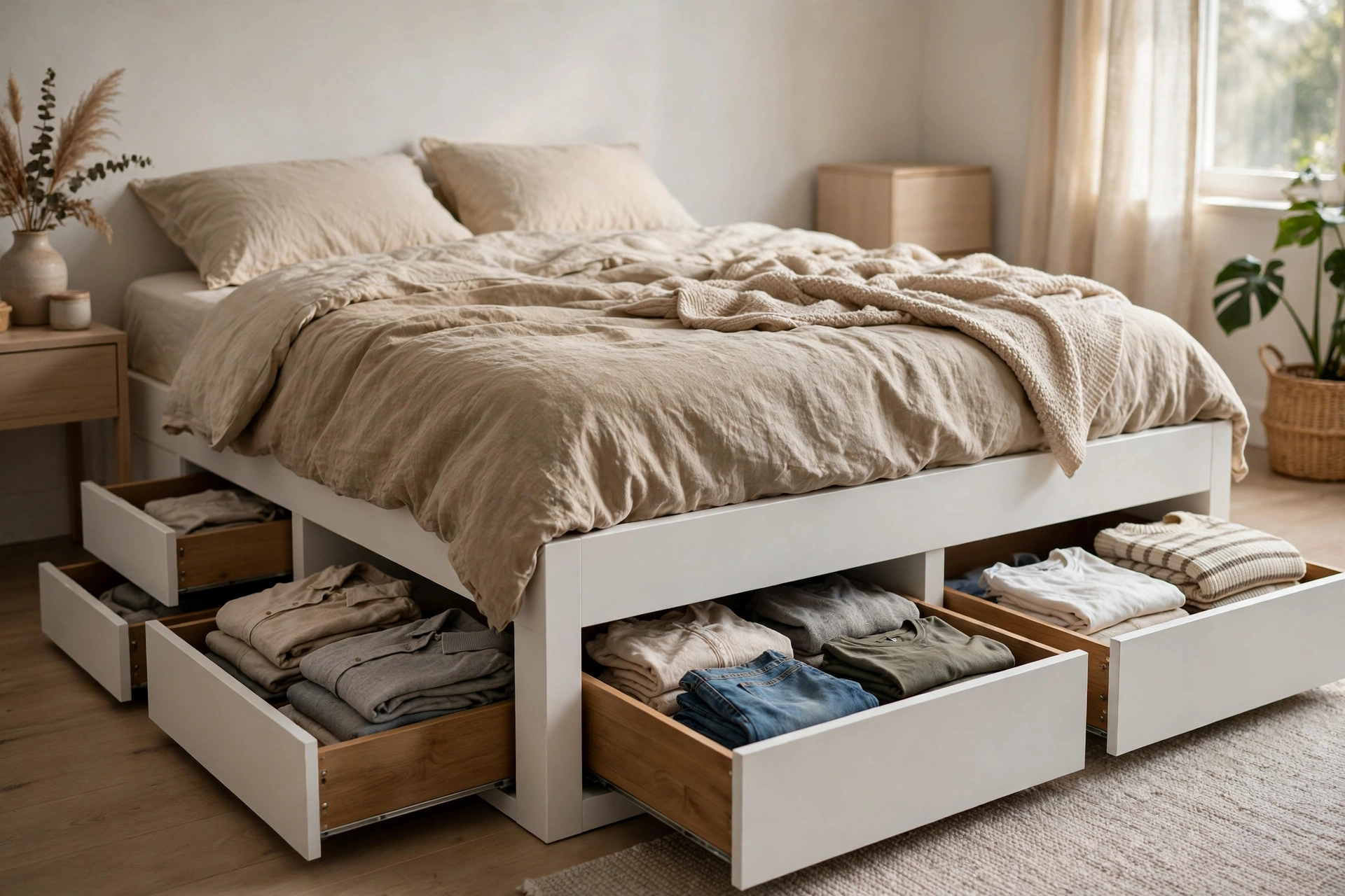 Platform bed with pull-out storage drawers in a studio apartment sleep zone