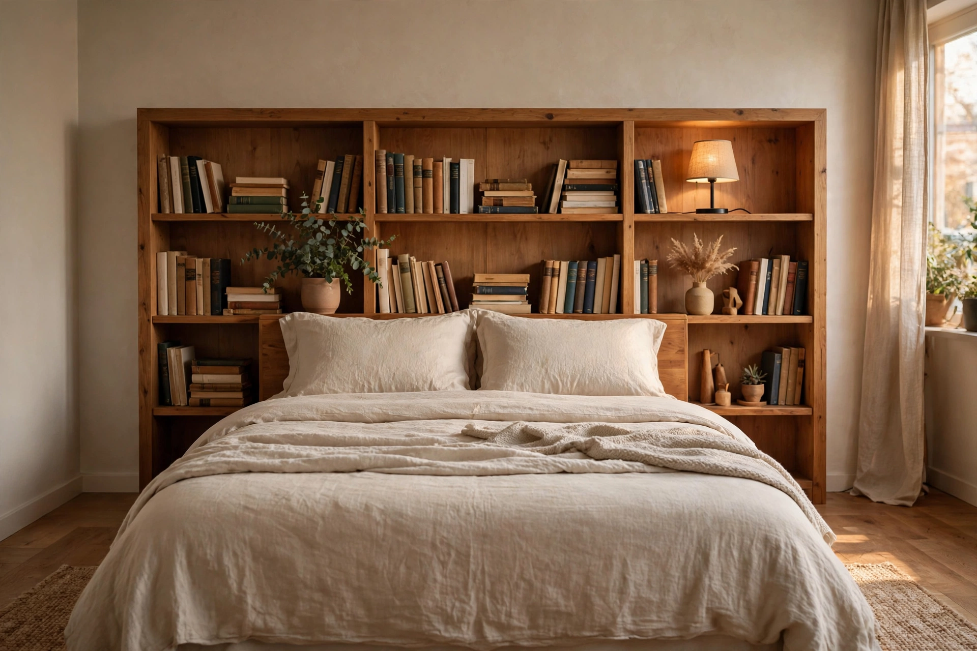 Bookcase headboard with shelves and lamp replacing nightstands in a studio bedroom