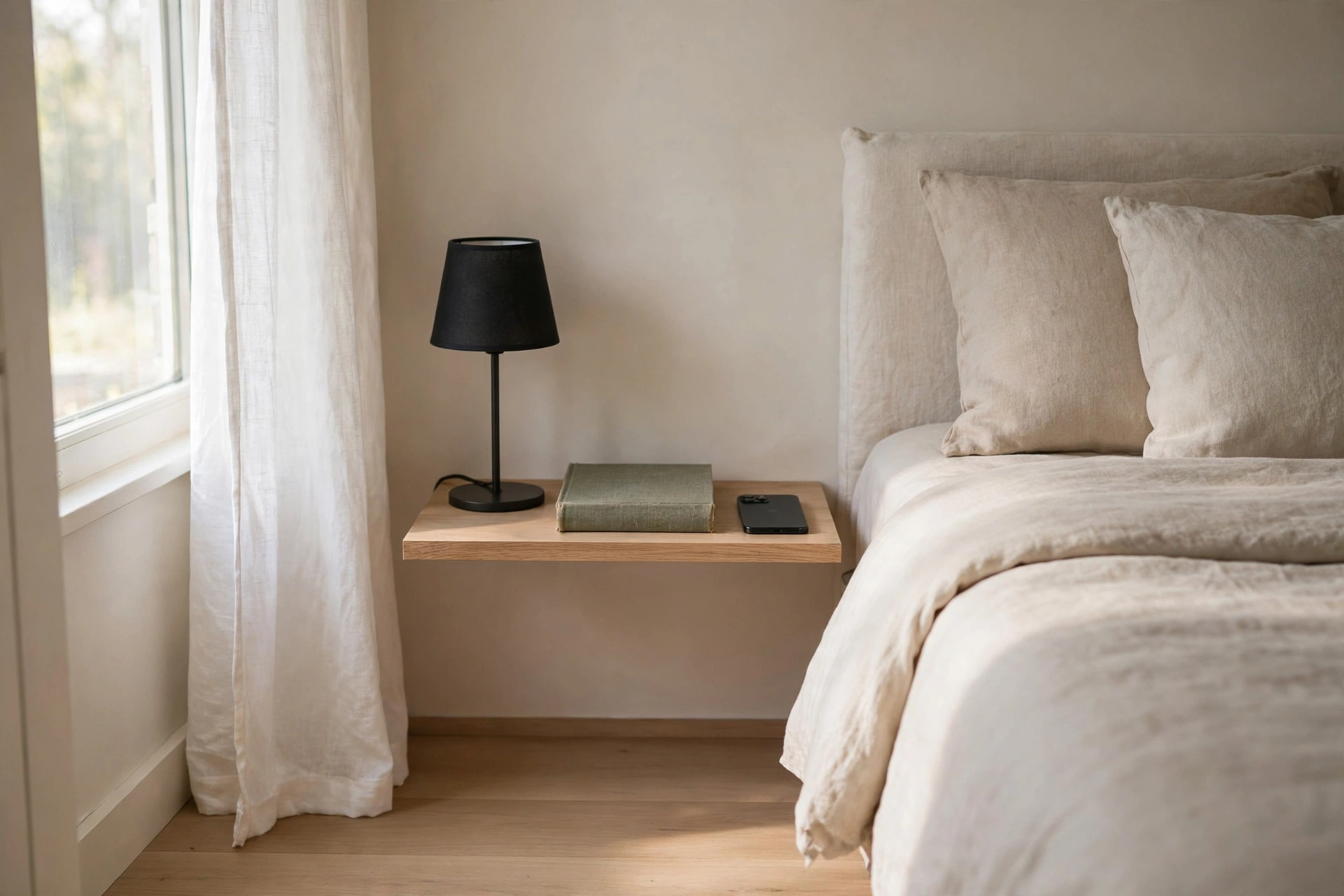 Slim floating nightstand shelf beside a bed with zero floor footprint in a studio
