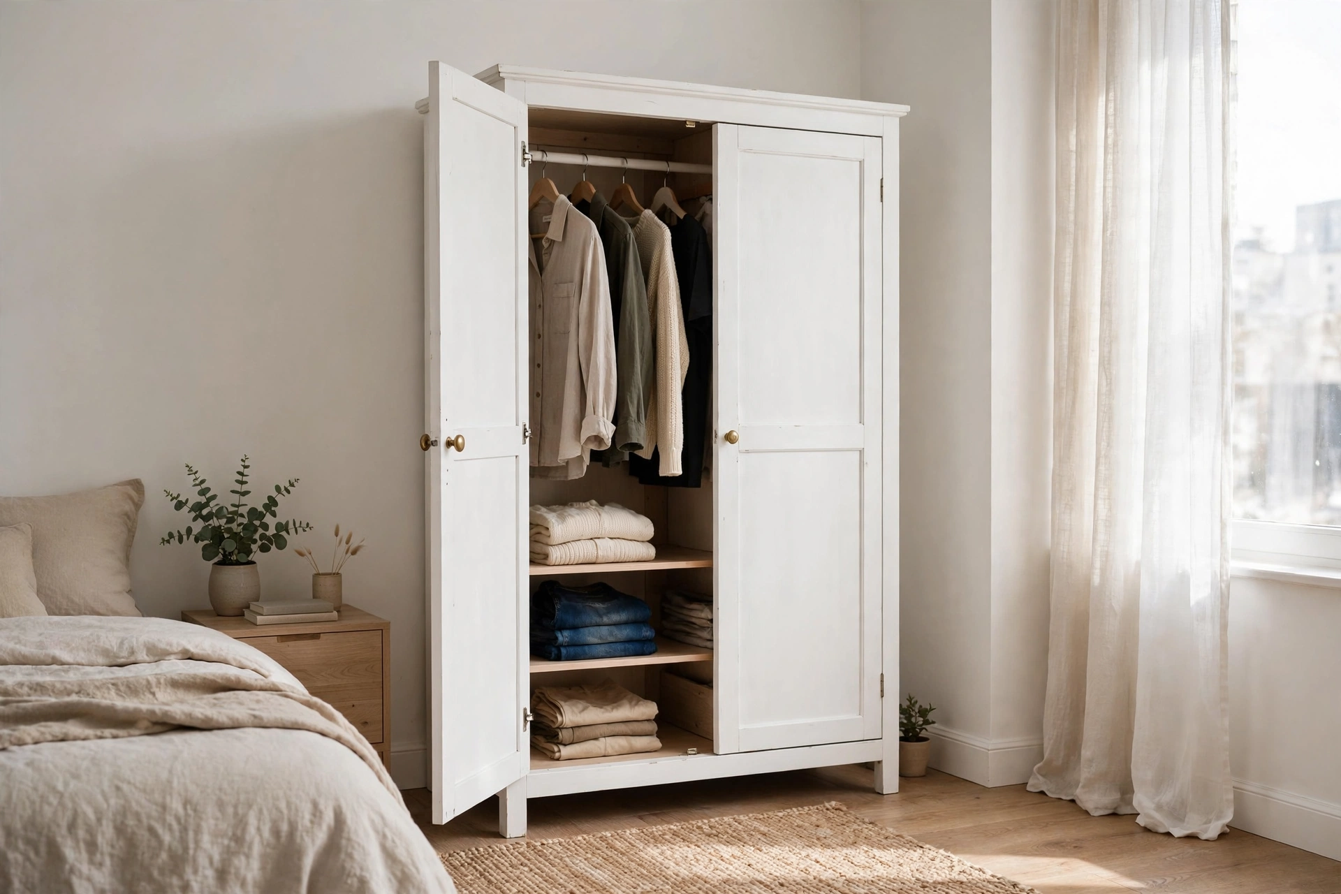 Freestanding wardrobe armoire with organized interior in a studio bedroom corner
