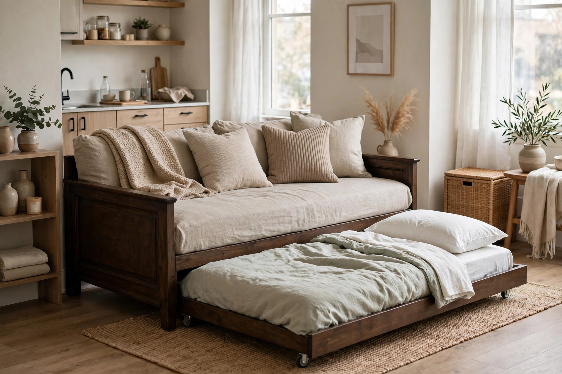Pull-out trundle bed rolling from under a daybed for guests in a studio