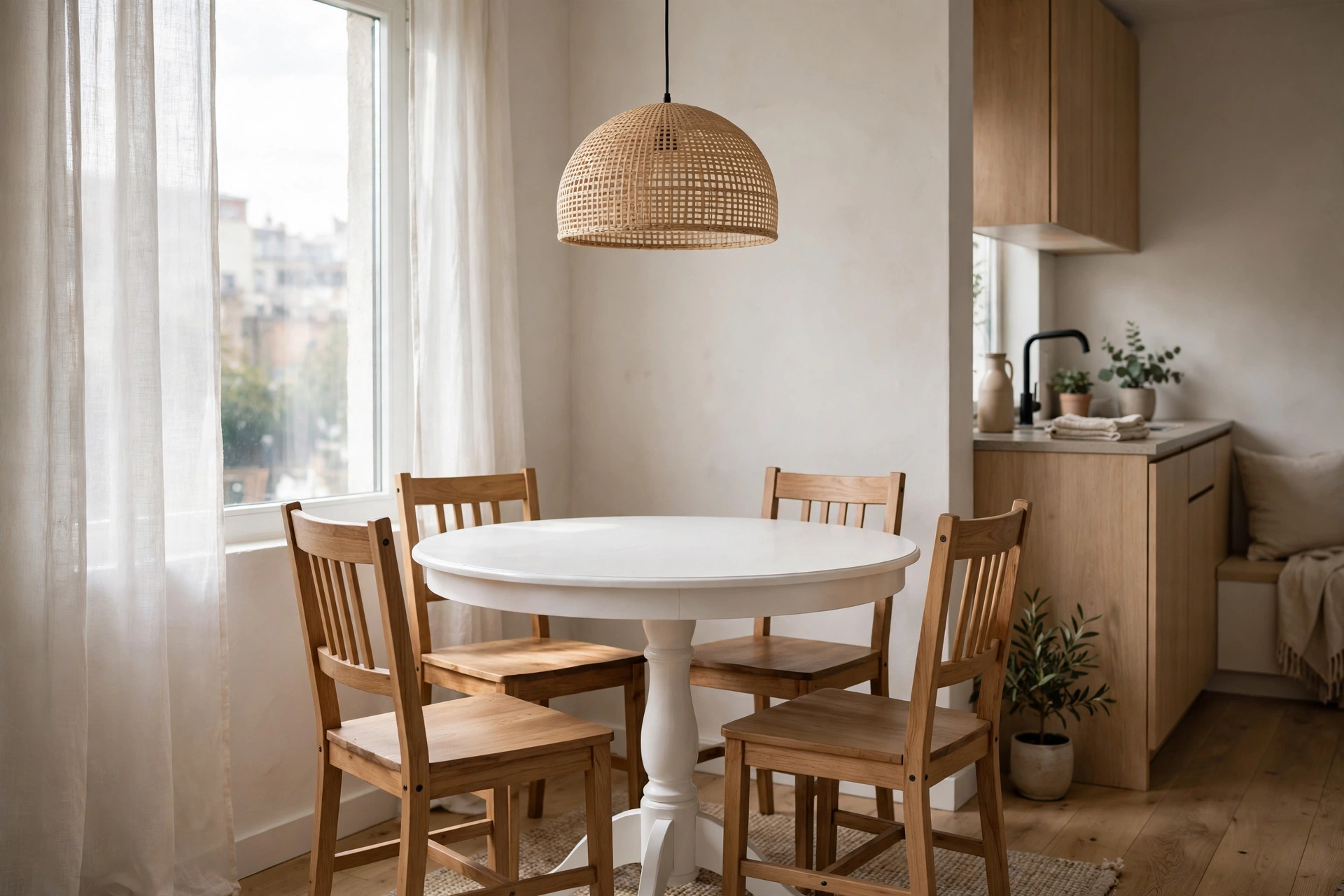 Round pedestal dining table with tucked-in chairs in a small studio dining nook