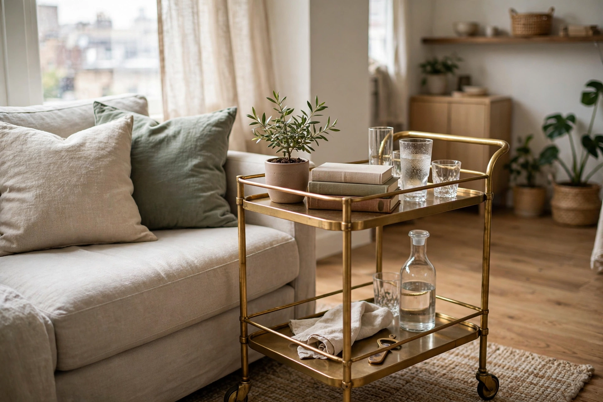 Bar cart styled as a side table beside a sofa in a studio living area