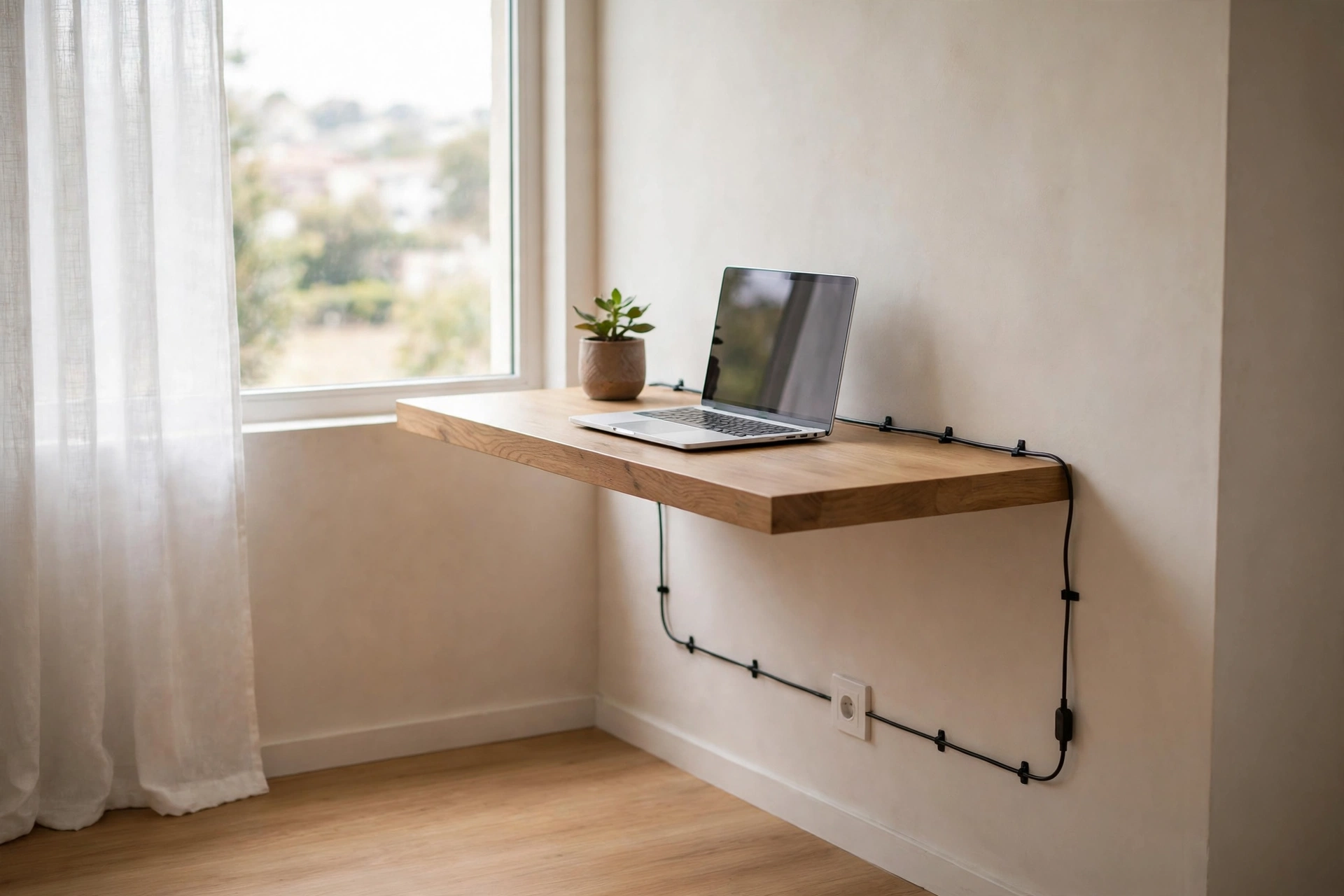 Floating wall-mounted desk with clear floor beneath in a studio work corner
