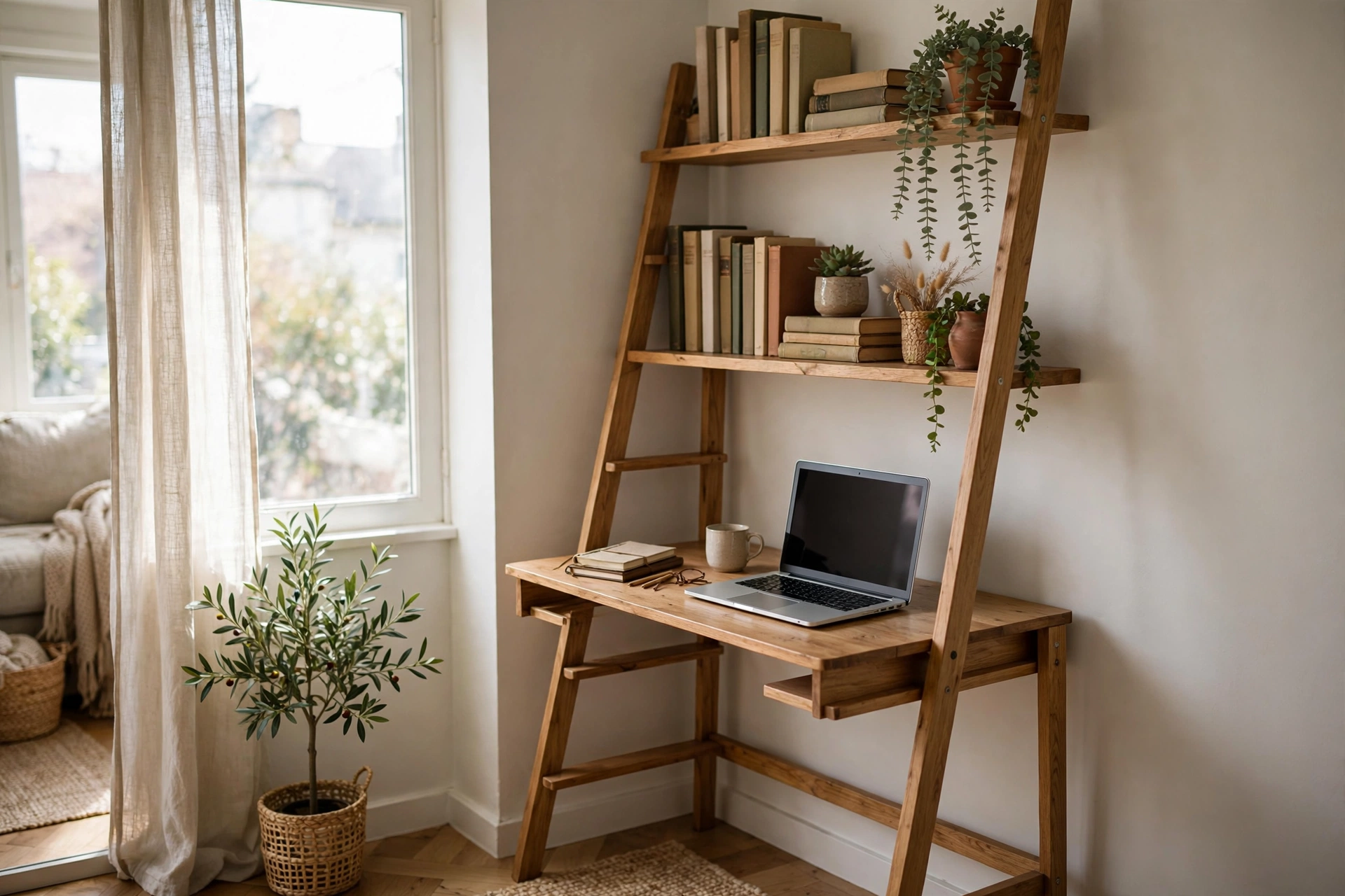 Ladder desk tucked into a corner creating a compact workstation in a studio