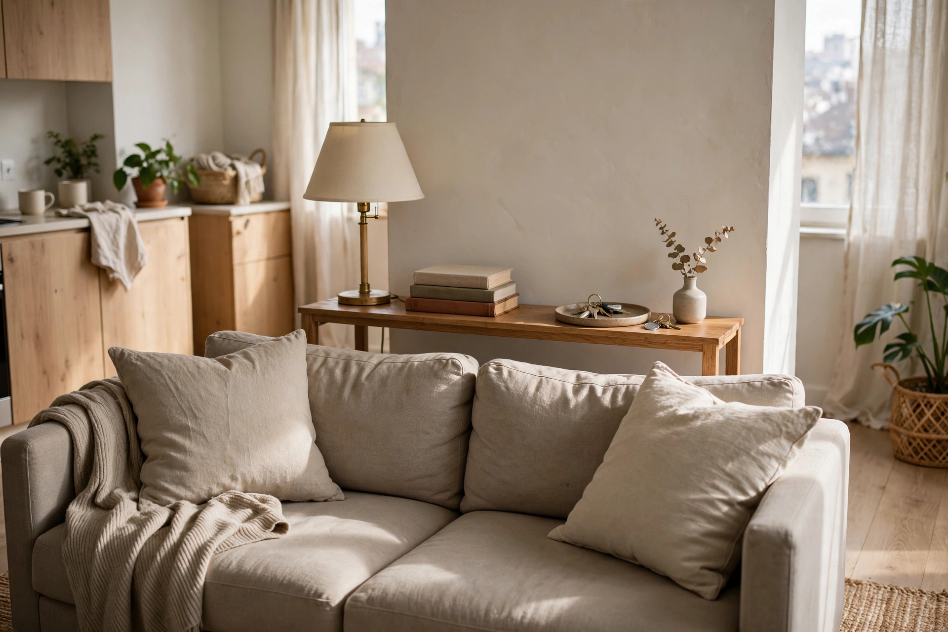 Narrow console table behind a sofa defining the living zone in a studio