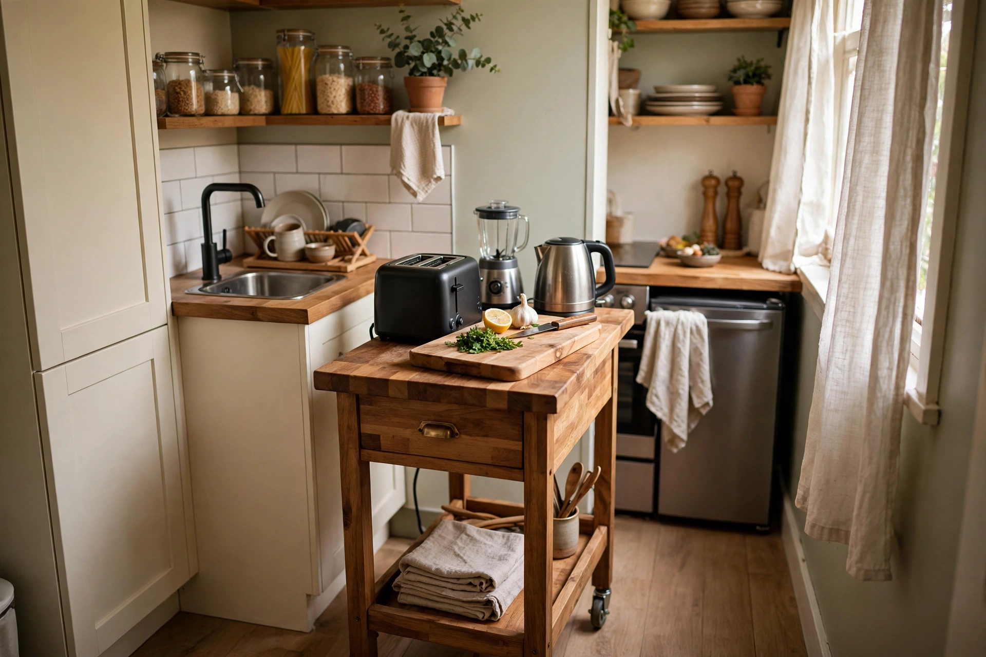 Rolling kitchen island cart adding prep space in a tiny studio kitchen