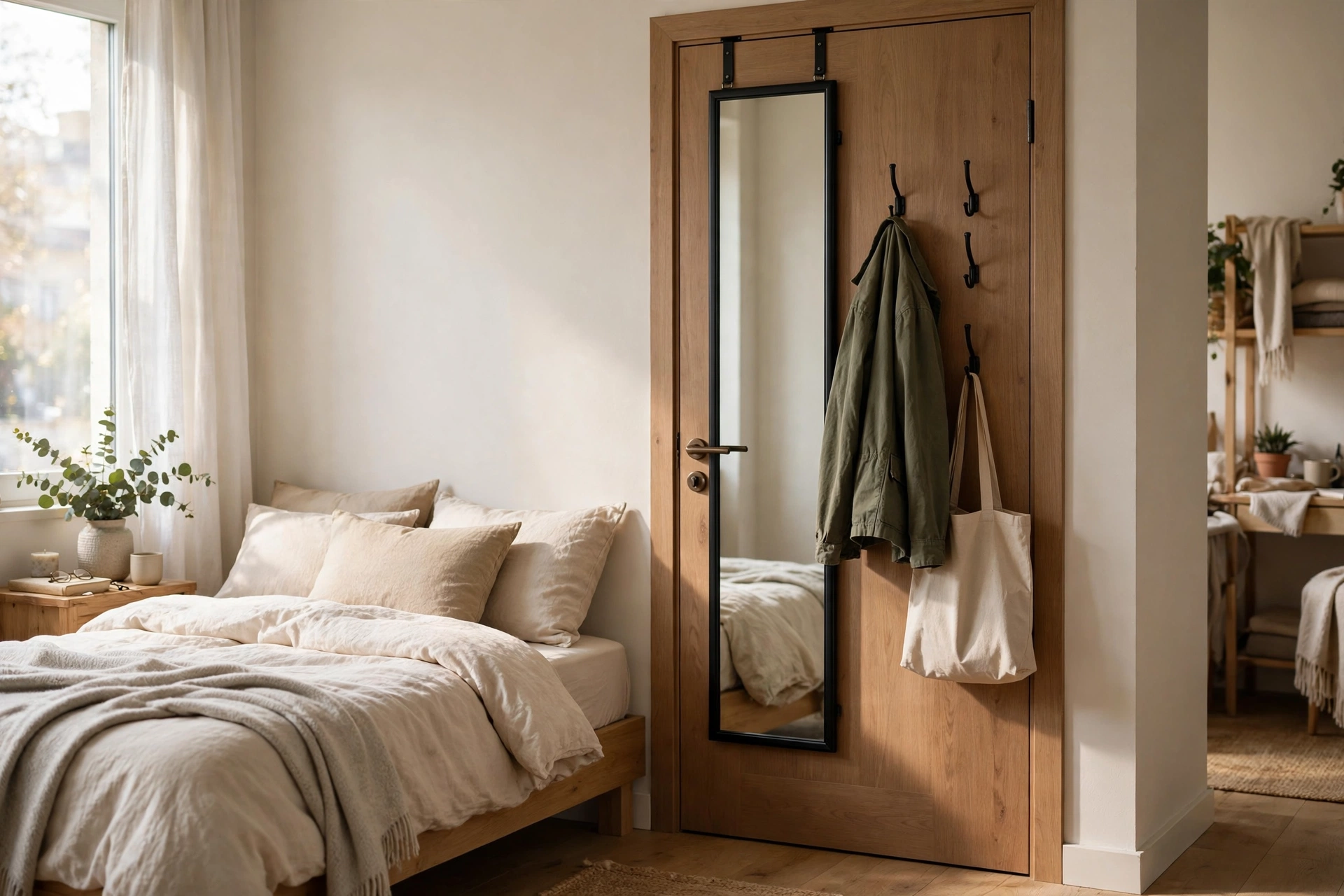 Over-the-door full-length mirror with hooks holding clothes in a studio
