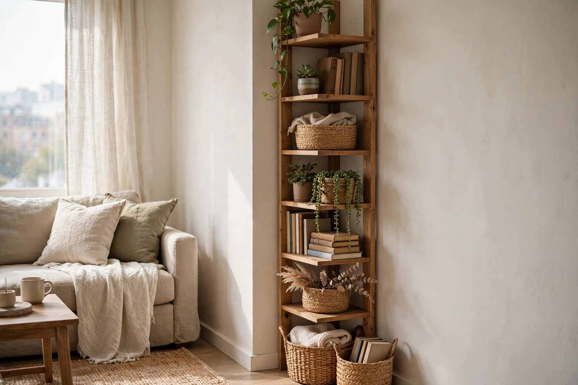 Tall corner shelf tower with plants and baskets in a studio apartment corner