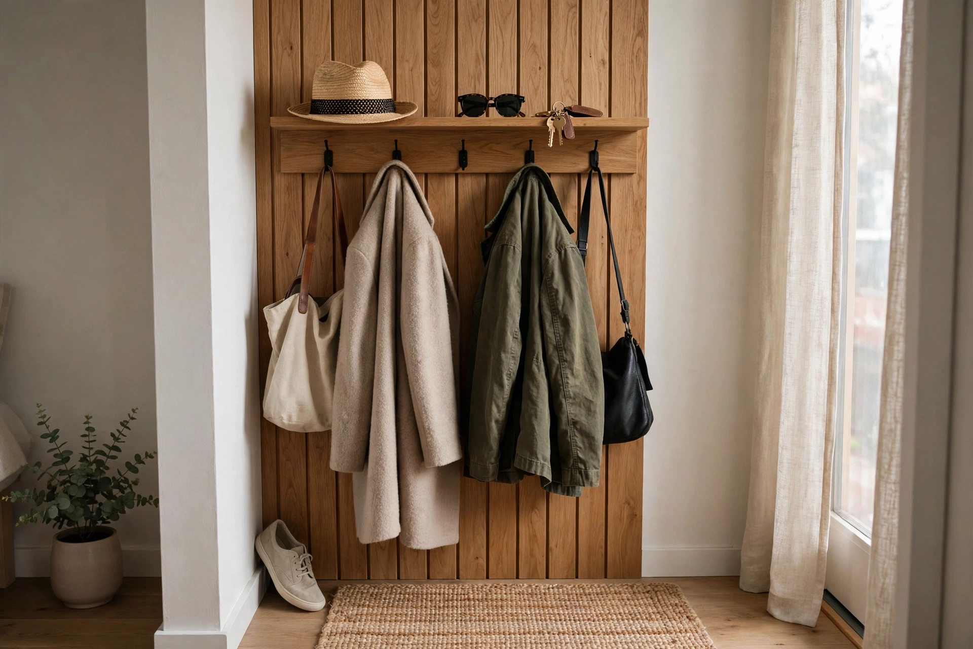Wall-mounted coat rack with shelf holding coats and keys in a studio entry
