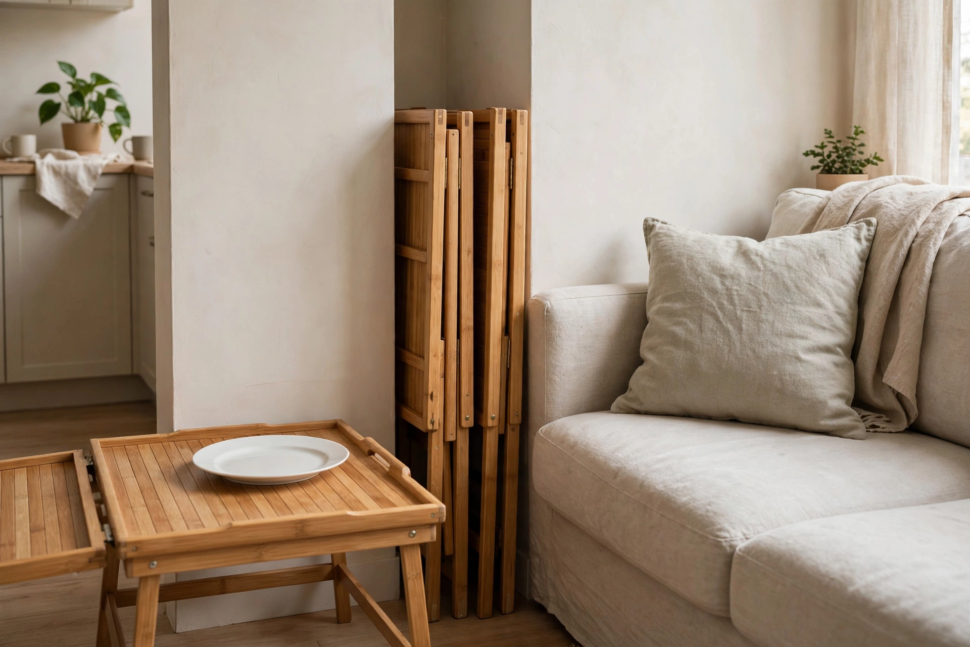 Folding bamboo tray tables stored in a narrow gap in a studio apartment