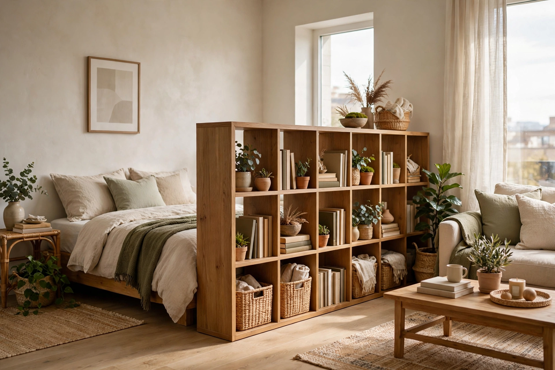 Low bookshelf room divider separating sleep and living zones in a studio