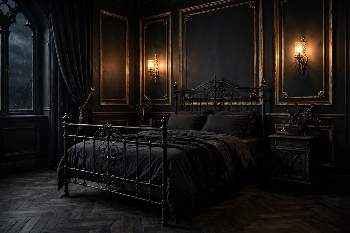 Gothic bedroom with matte black walls and antique gold trim molding