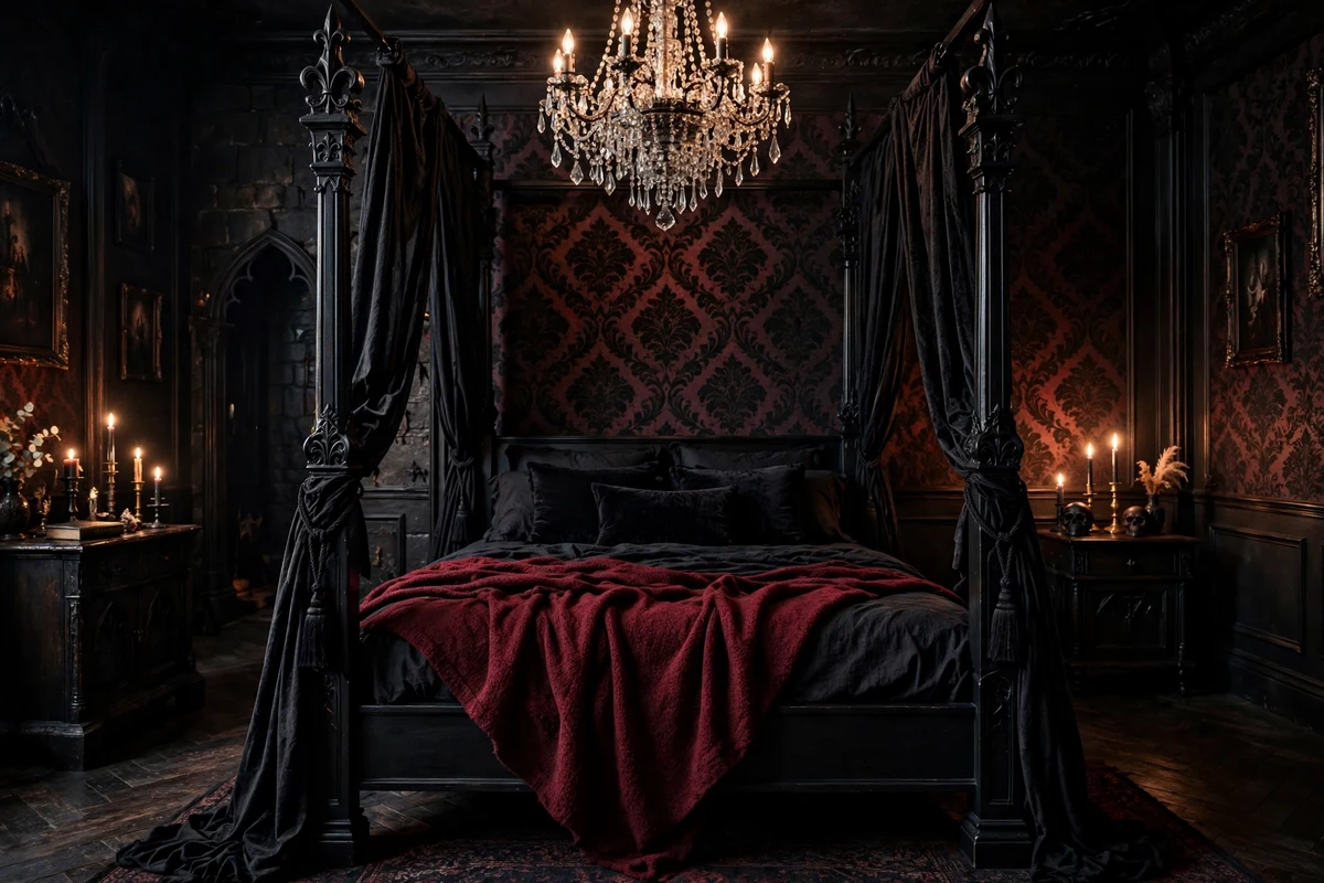 Black four-poster canopy bed with velvet drapes in a gothic bedroom
