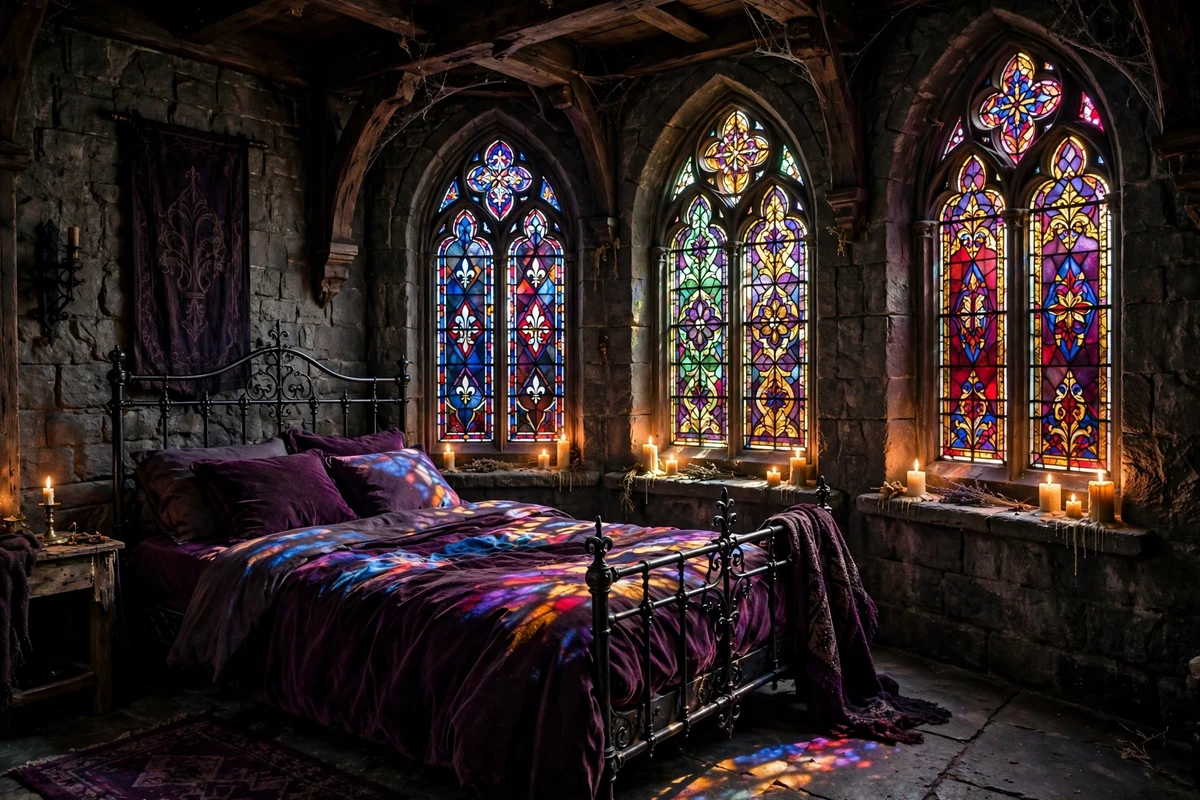 Gothic bedroom with arched stained glass windows casting colored light