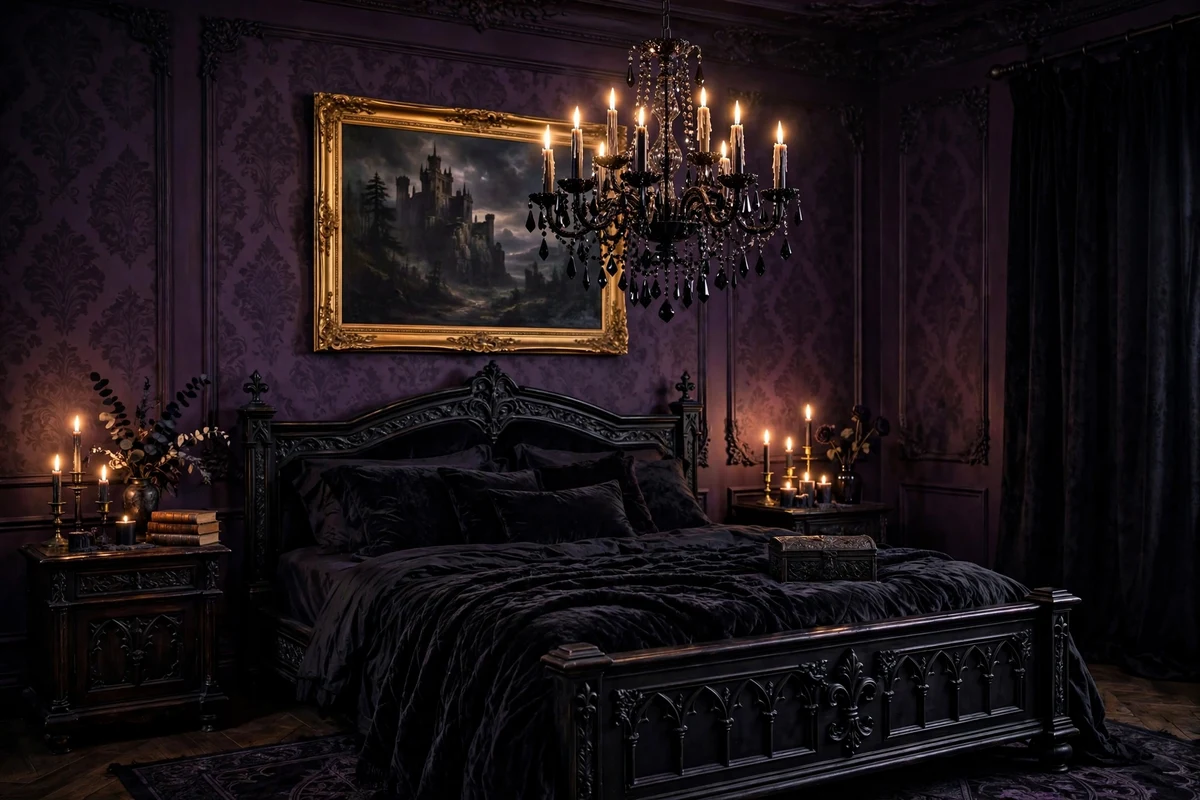 Black crystal chandelier with taper candles in a gothic bedroom