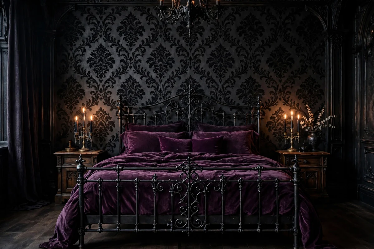 Gothic bedroom with charcoal damask wallpaper feature wall behind iron bed
