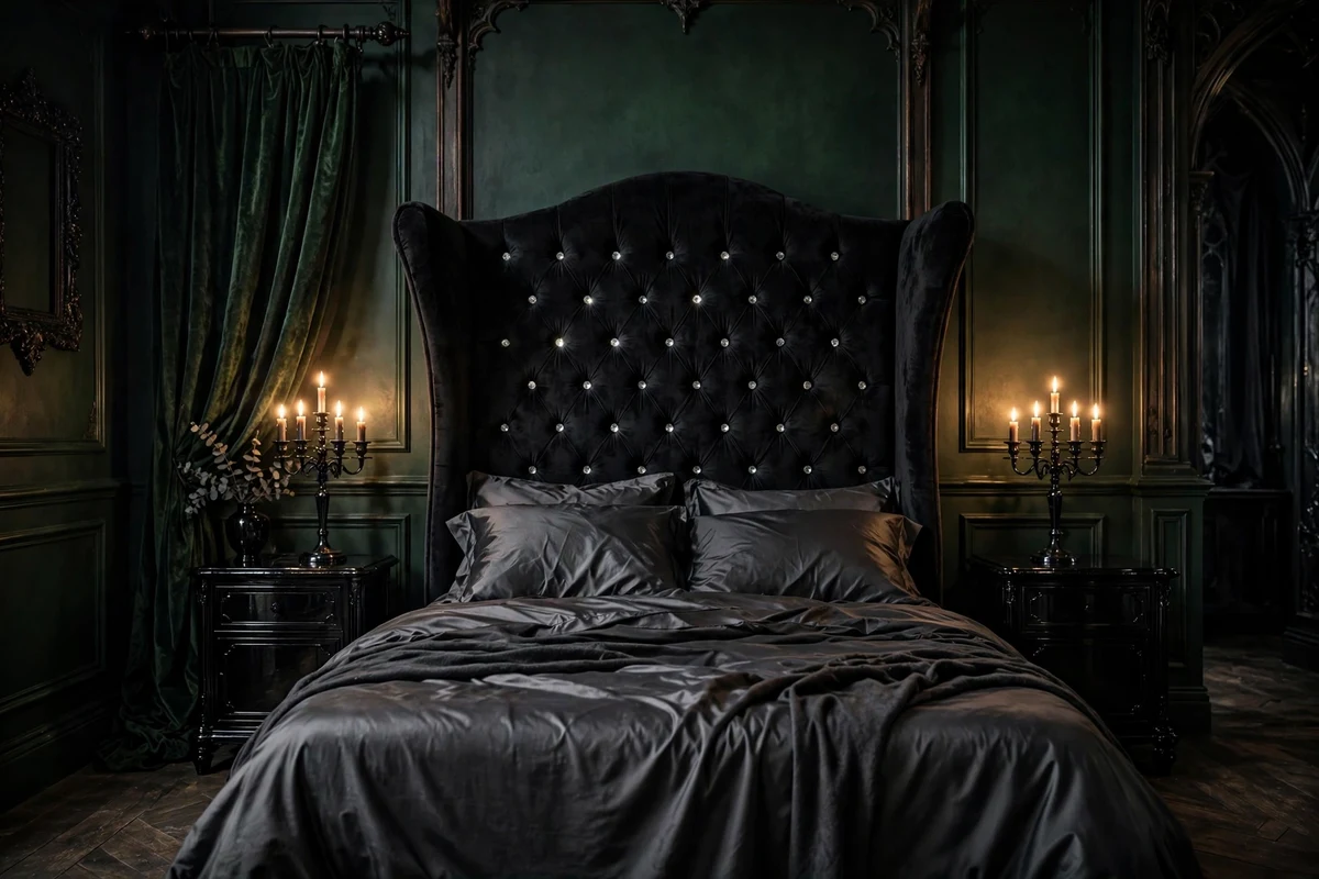 Tufted black velvet wingback headboard in a gothic bedroom