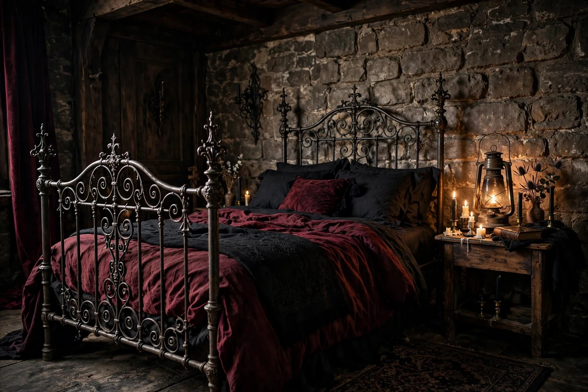 Antique wrought iron bed frame with ornate finials in a gothic bedroom