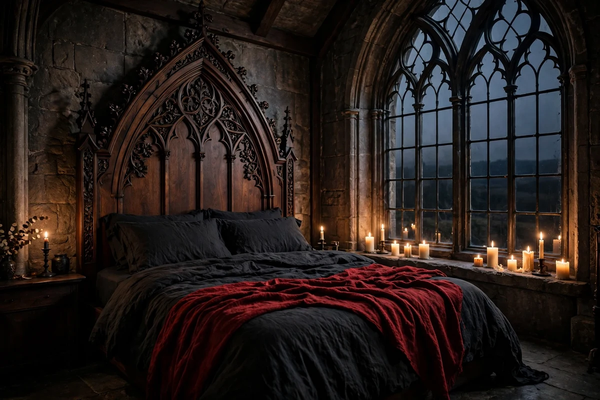 Gothic arch headboard in dark walnut wood in a gothic bedroom