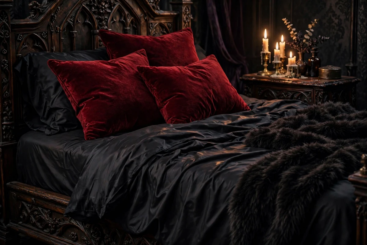Bed with oxblood red velvet throw pillows in a gothic bedroom