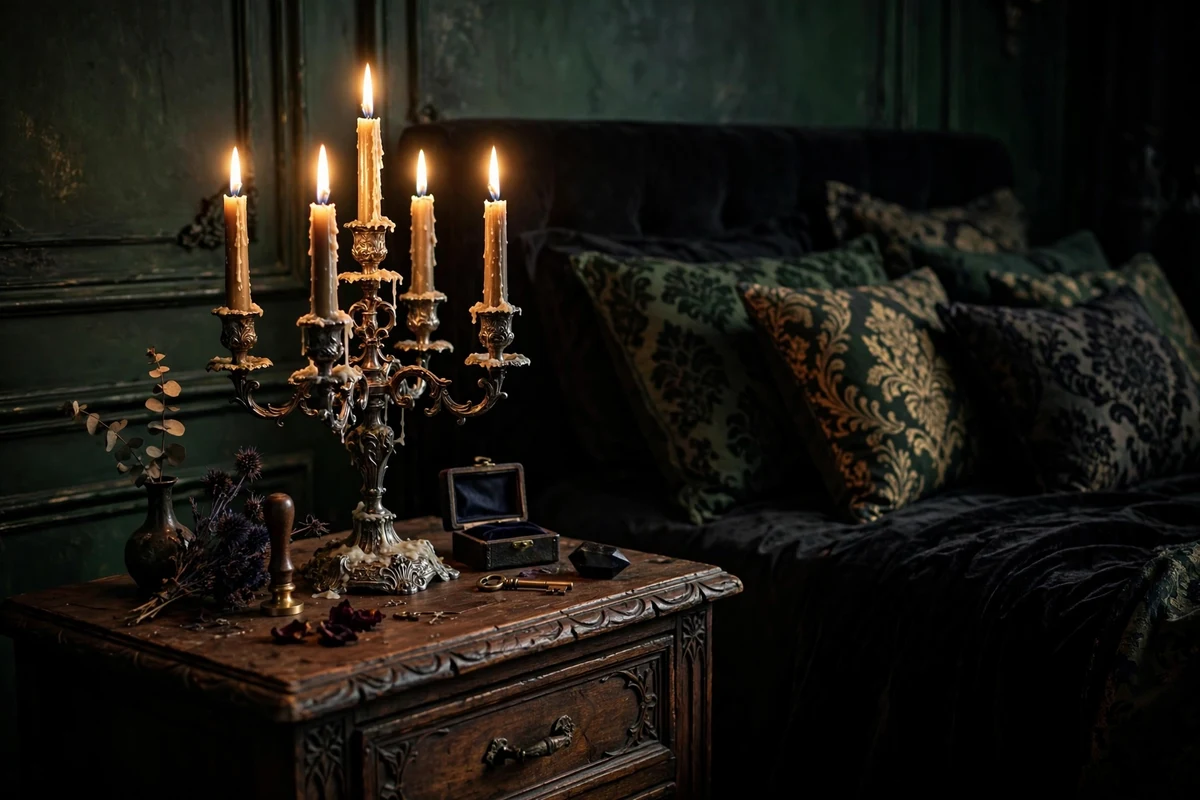 Antique silver candelabra with lit candles on a gothic bedroom nightstand
