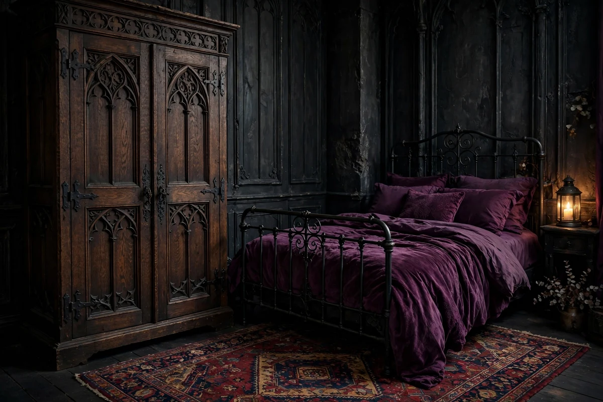 Dark carved oak wardrobe with gothic tracery in a bedroom