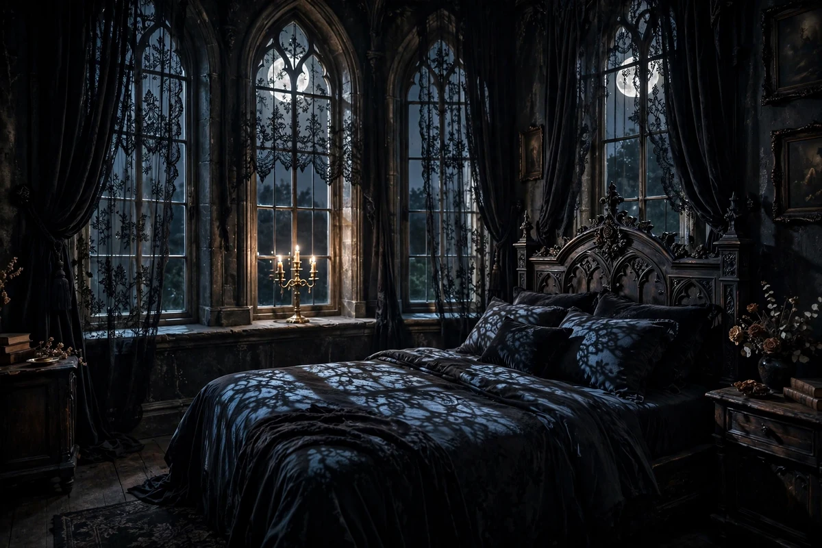 Black lace curtain panels filtering moonlight in a gothic bedroom