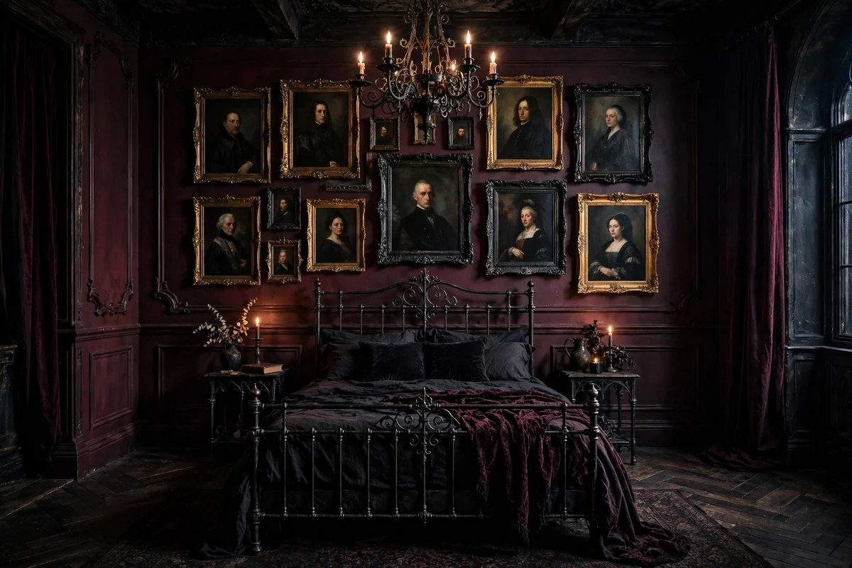Moody oil portrait gallery wall in ornate frames in a gothic bedroom